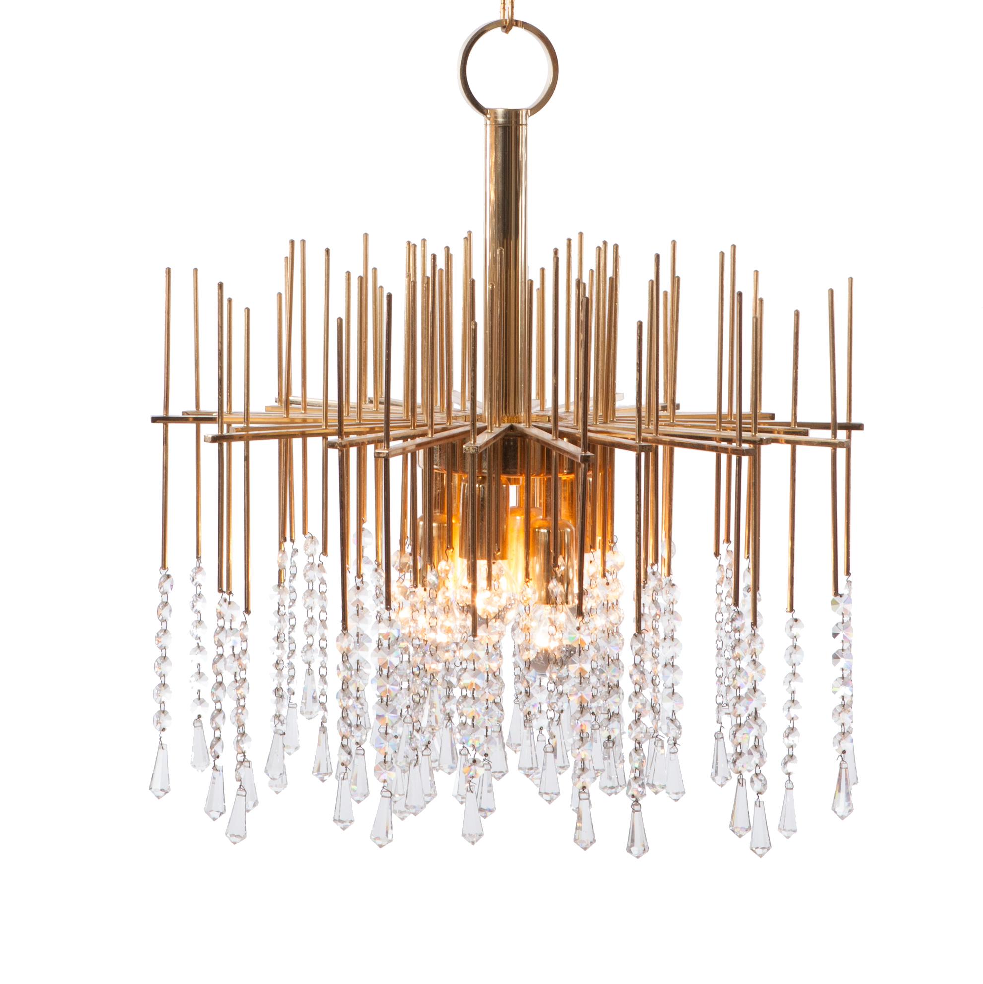 1950's Brass and Crystal Glass Chandelier Attributed to Palwa For Sale 6