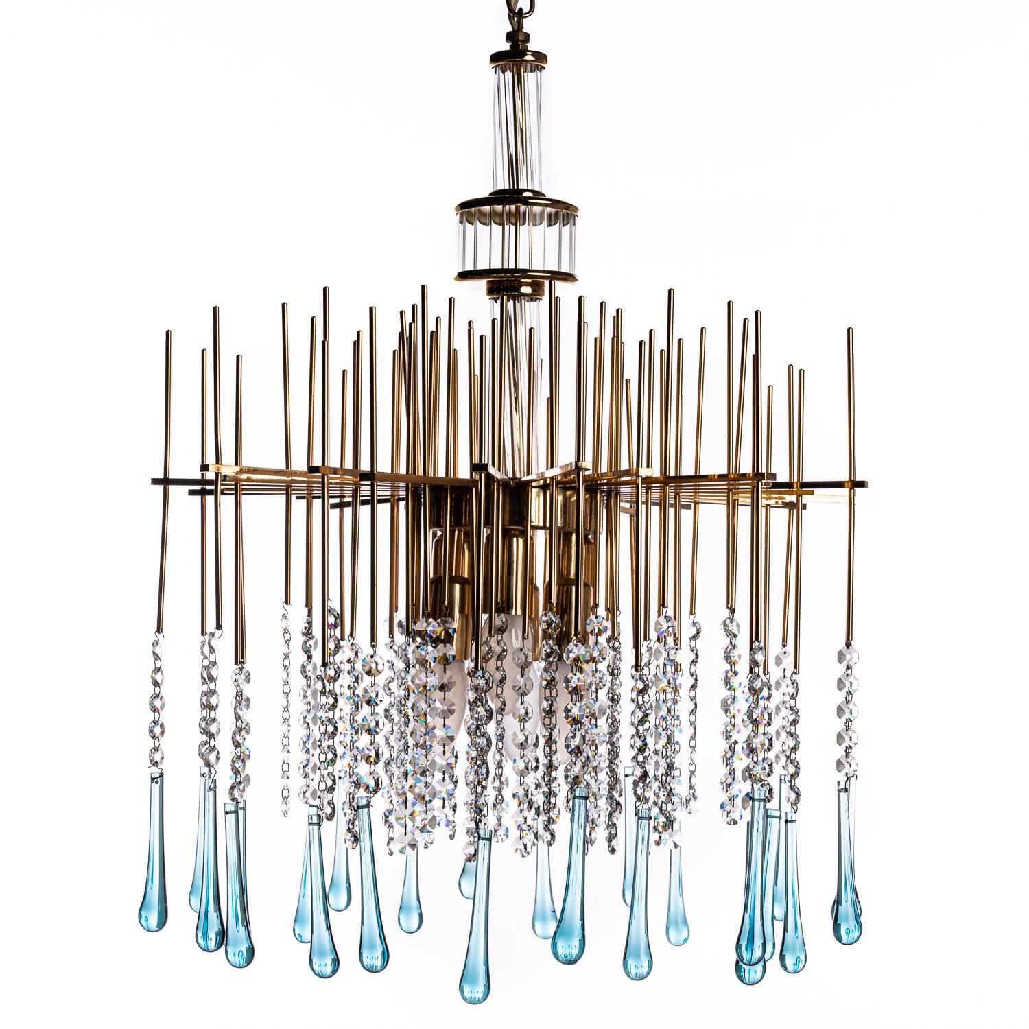 1950's Brass and Crystal Glass Chandelier Attributed to Palwa For Sale 7