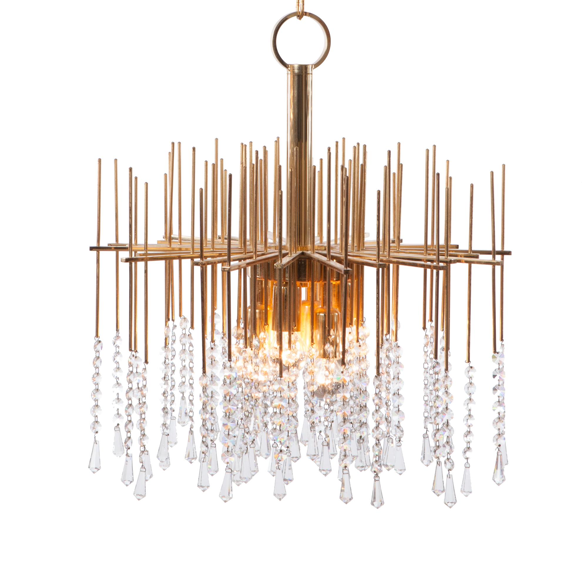 Lampadario in ottone e cristallo del 1950 attribuito a Palwa in vendita 7