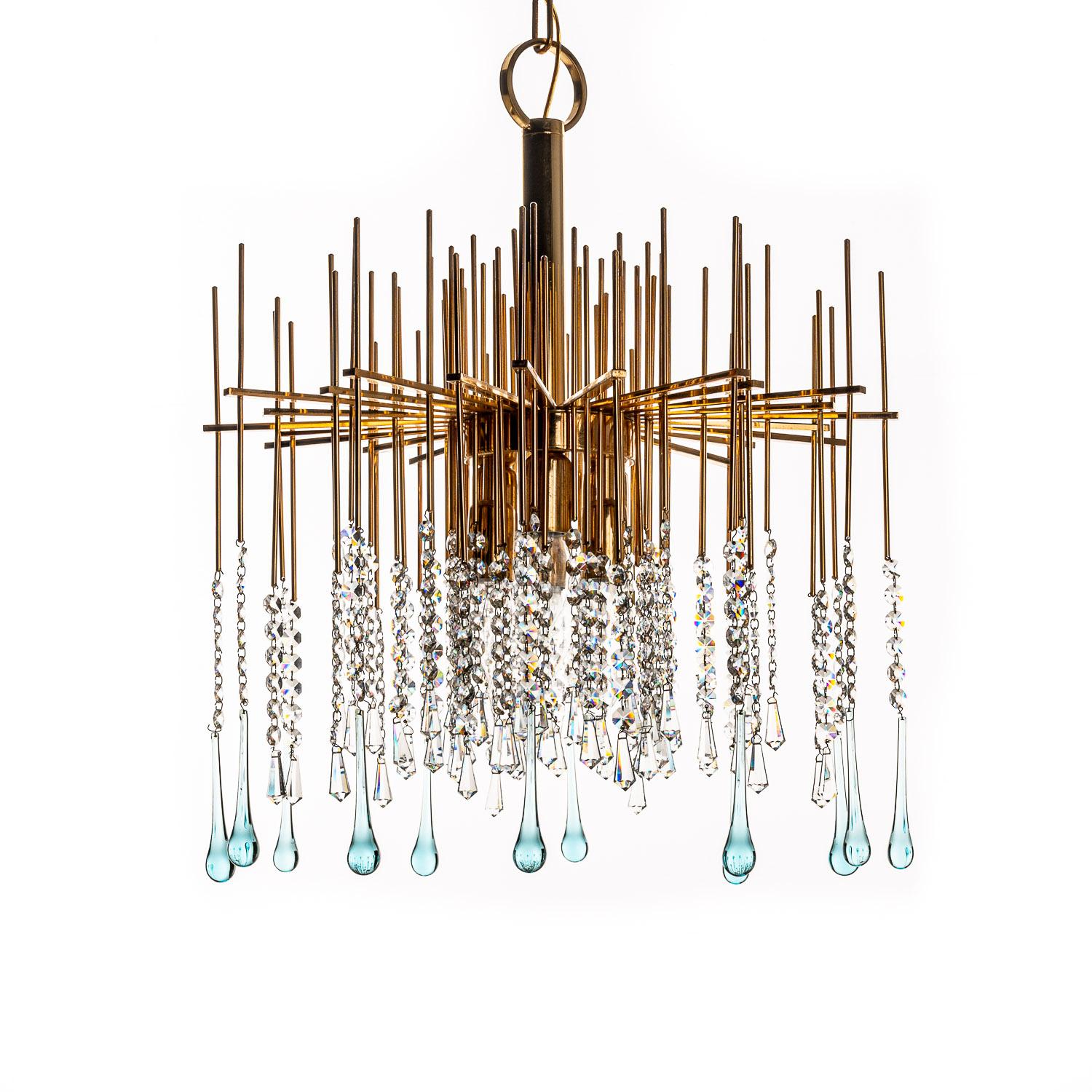 1950's Brass and Crystal Glass Chandelier Attributed to Palwa For Sale 8