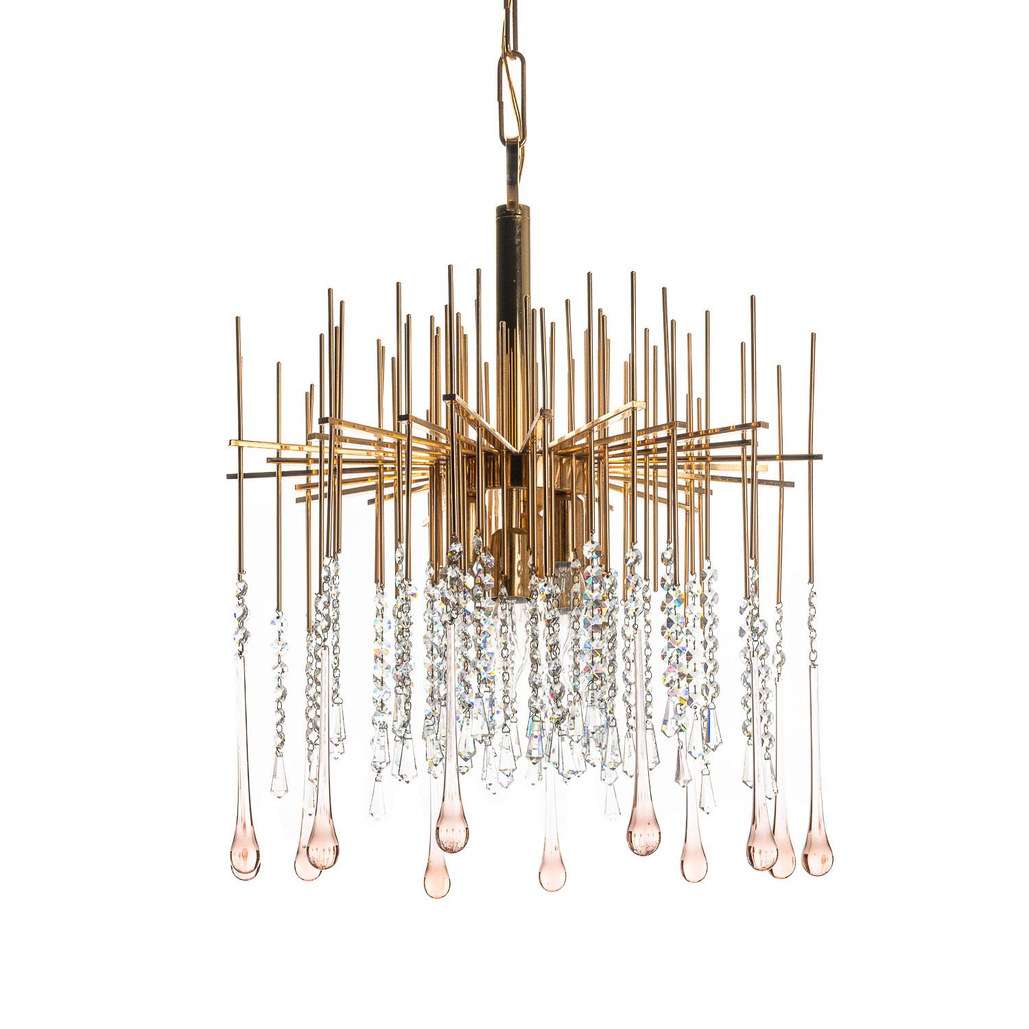 1950's Brass and Crystal Glass Chandelier Attributed to Palwa For Sale 10