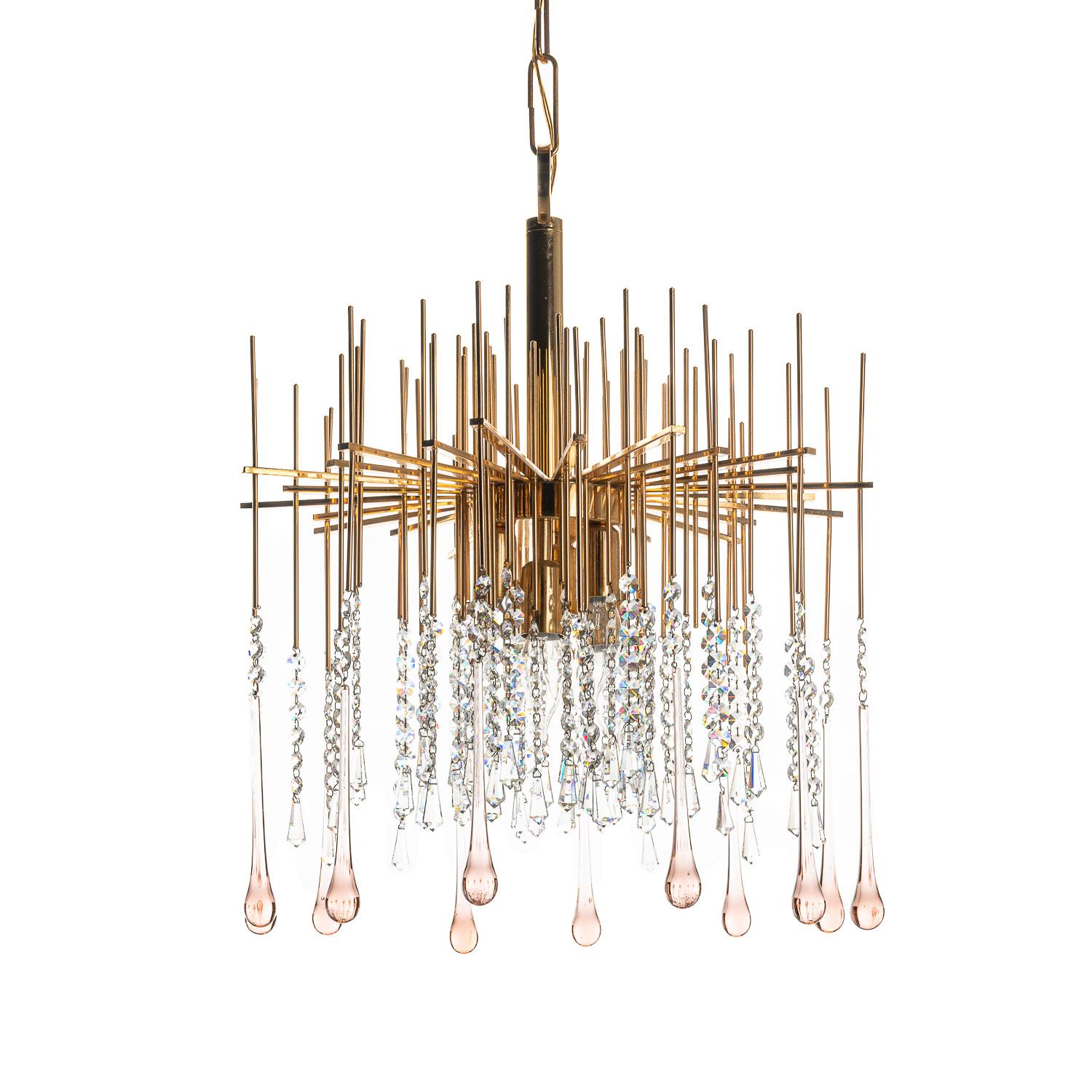 Lampadario in ottone e cristallo del 1950 attribuito a Palwa in vendita 10
