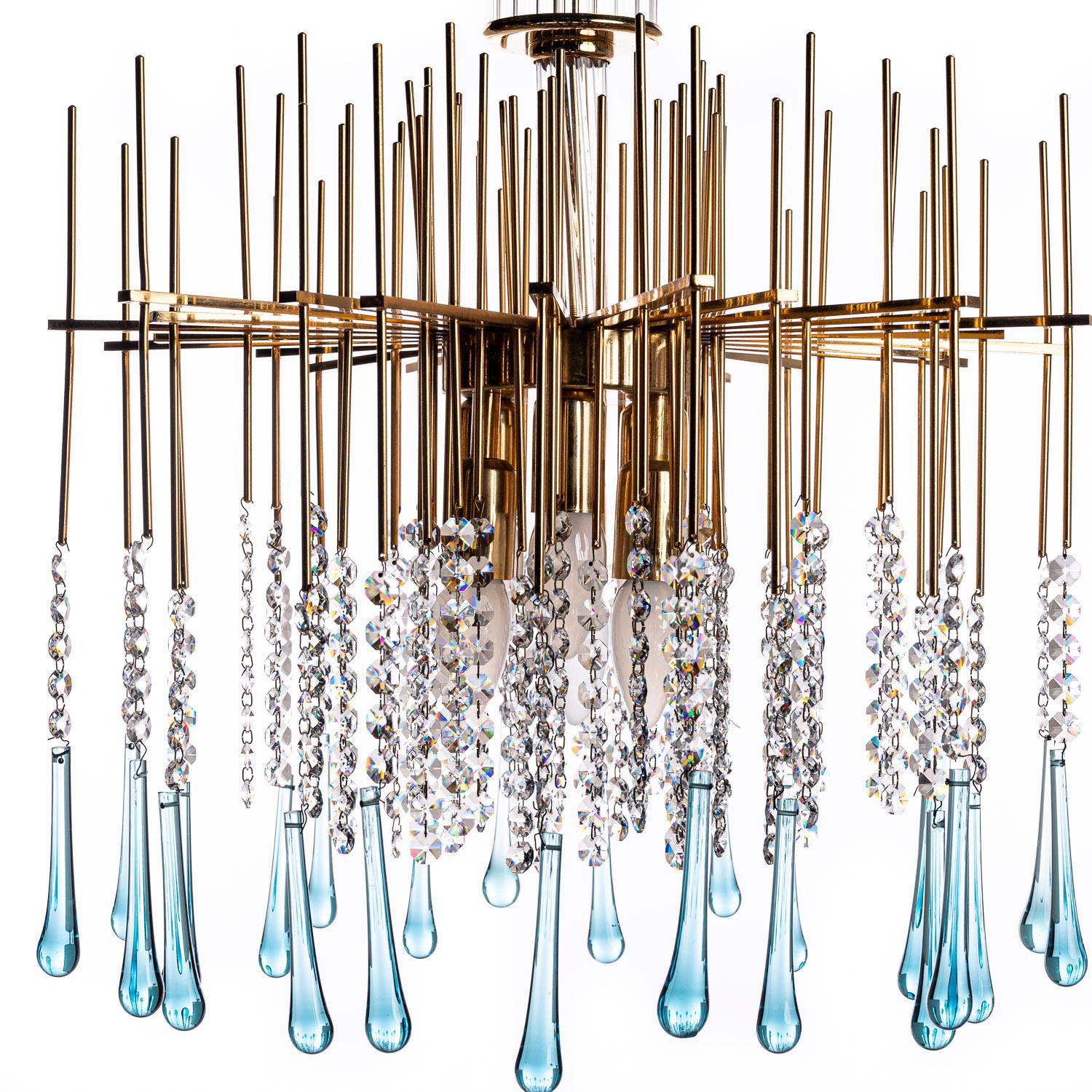 German 1950's Brass and Crystal Glass Chandelier Attributed to Palwa For Sale