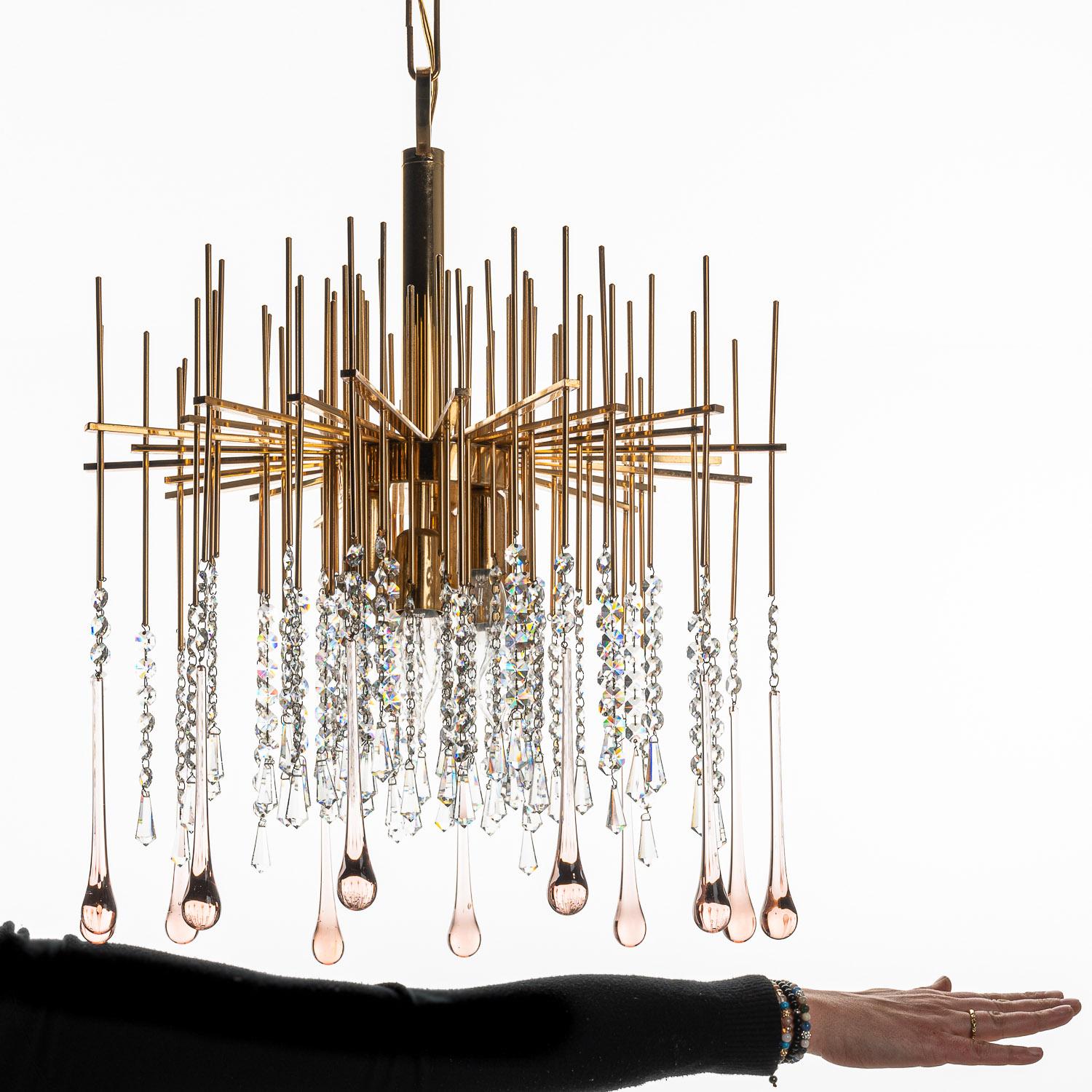 1950's Brass and Crystal Glass Chandelier Attributed to Palwa For Sale 2
