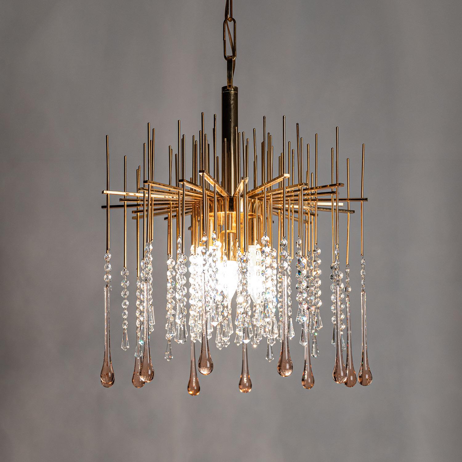 1950's Brass and Crystal Glass Chandelier Attributed to Palwa For Sale 3