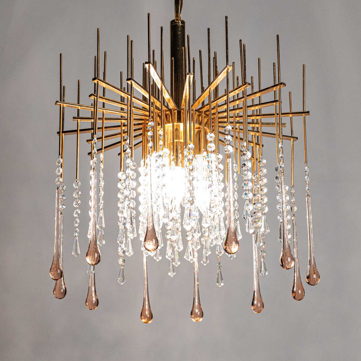 1950's Brass and Crystal Glass Chandelier Attributed to Palwa For Sale 4