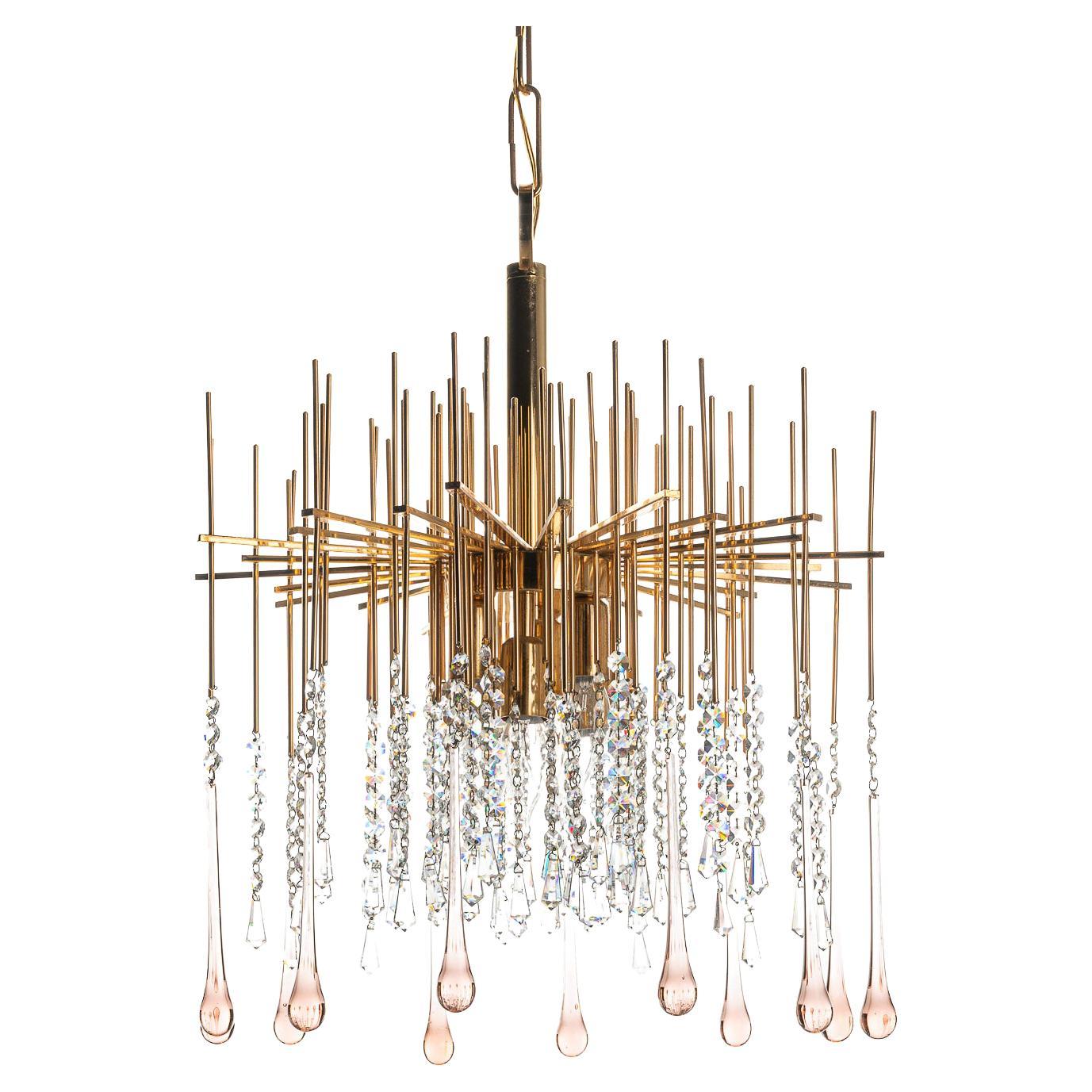 1950's Brass and Crystal Glass Chandelier Attributed to Palwa For Sale