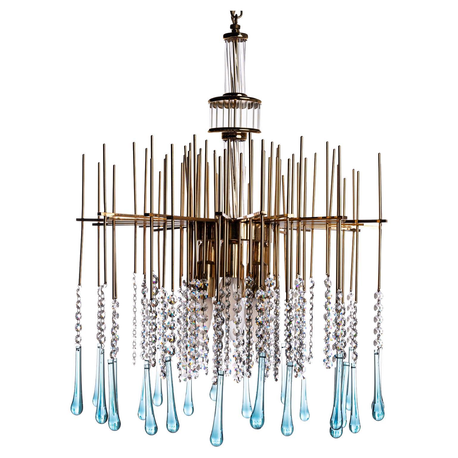 1950's Brass and Crystal Glass Chandelier Attributed to Palwa For Sale