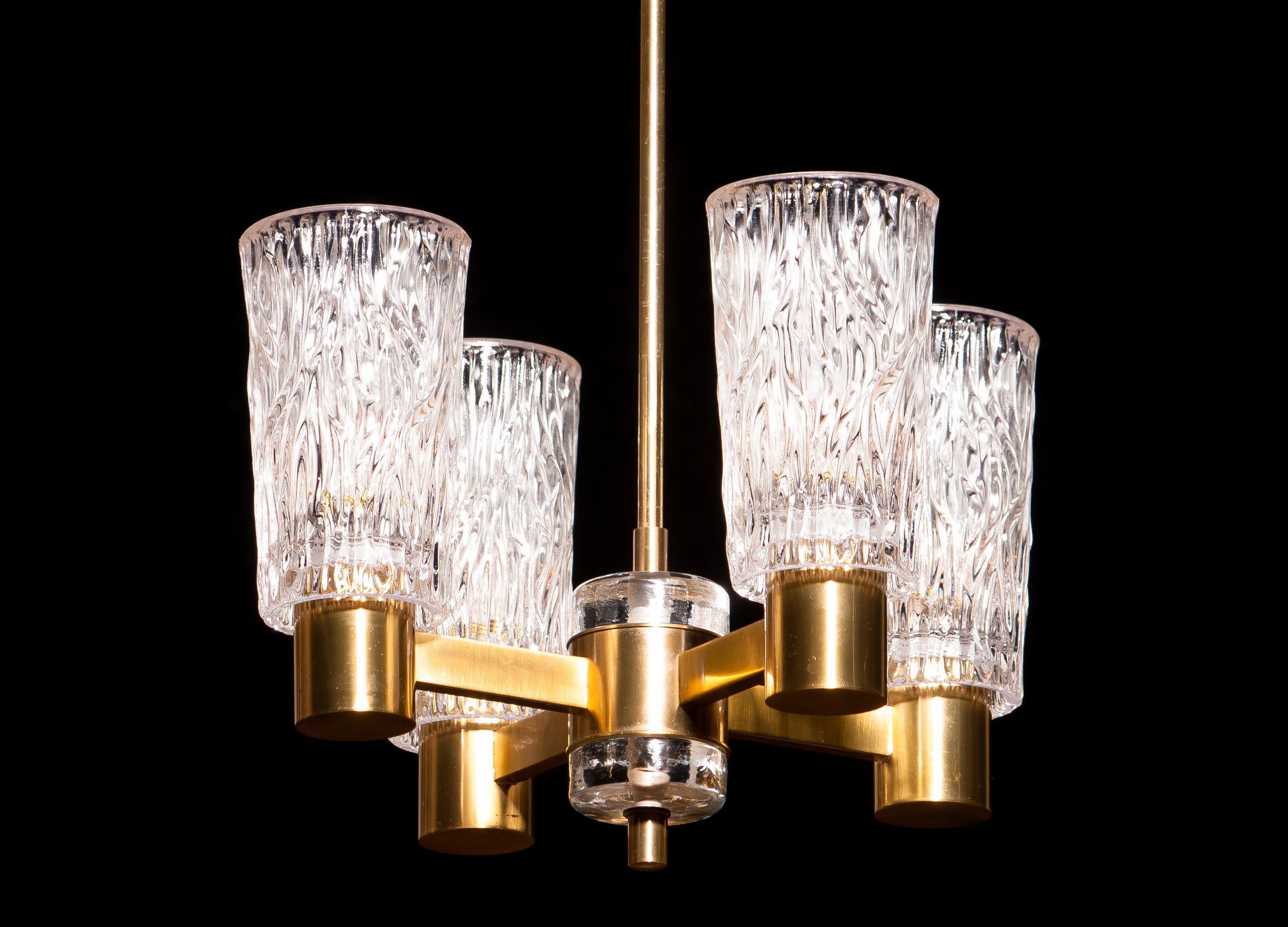 Swedish 1950s, Brass and Crystal Glass Chandelier by Carl Fagerlund Orrefors, Sweden