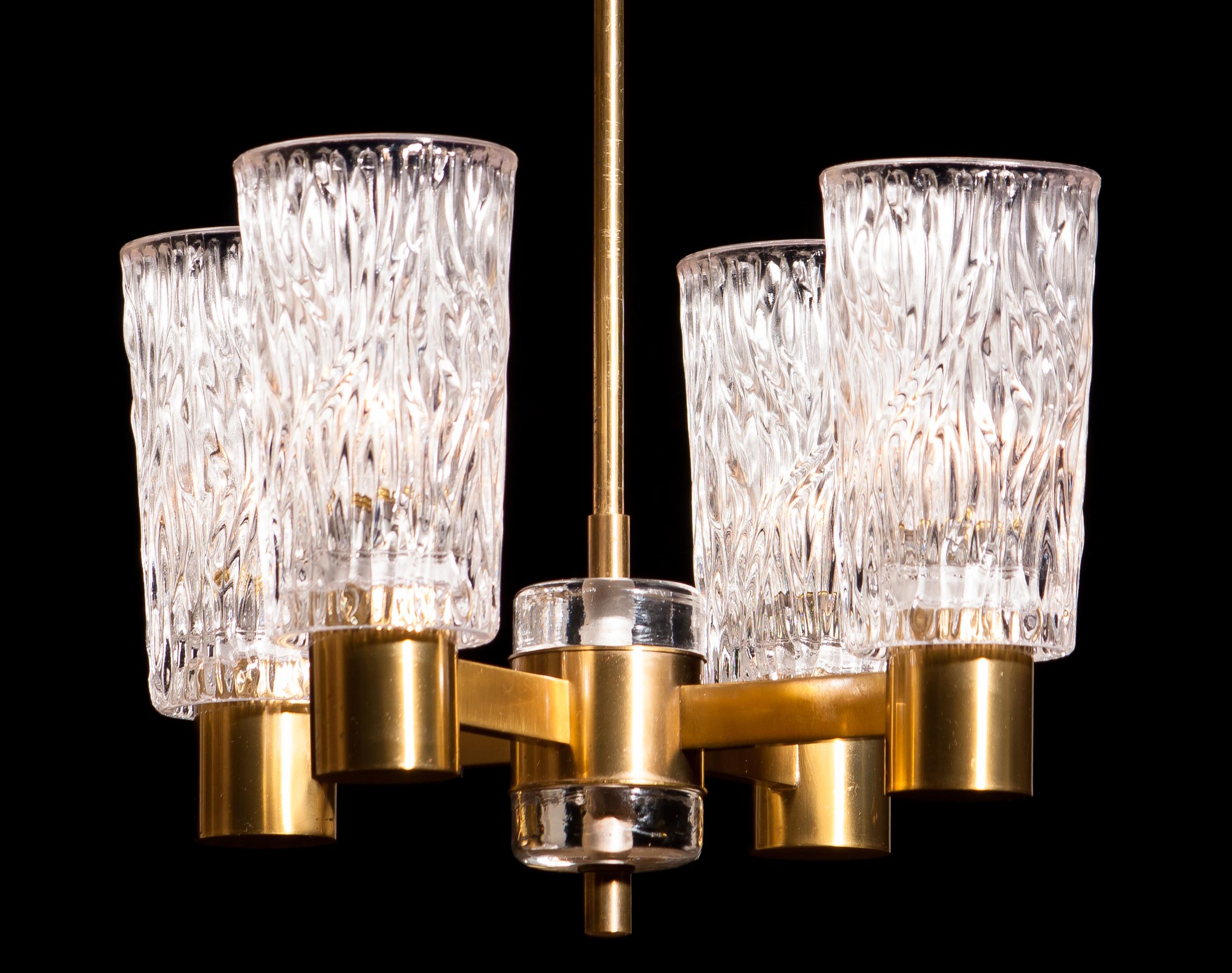 1950s, Brass and Crystal Glass Chandelier by Carl Fagerlund Orrefors, Sweden 1