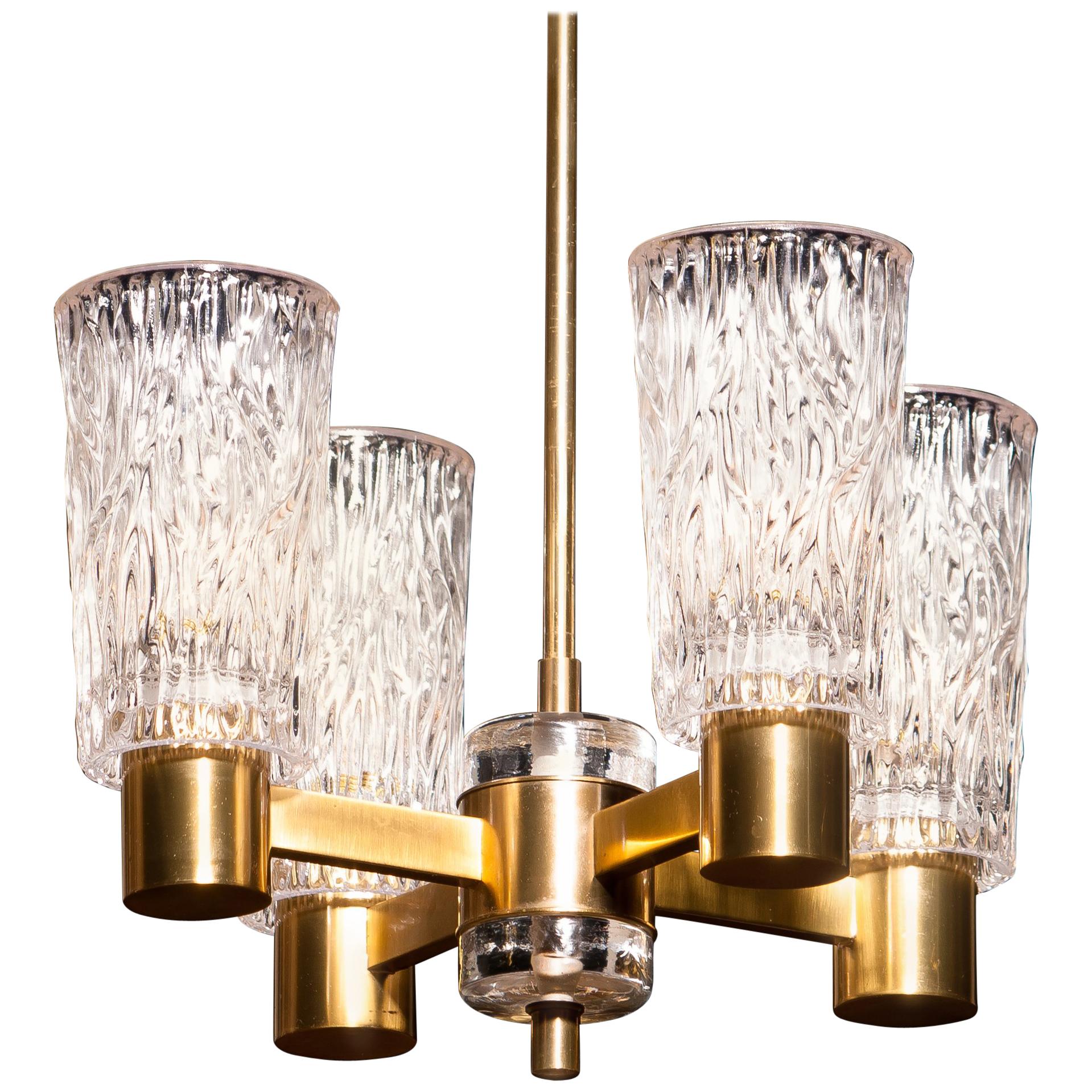 1950s, Brass and Crystal Glass Chandelier by Orrefors
