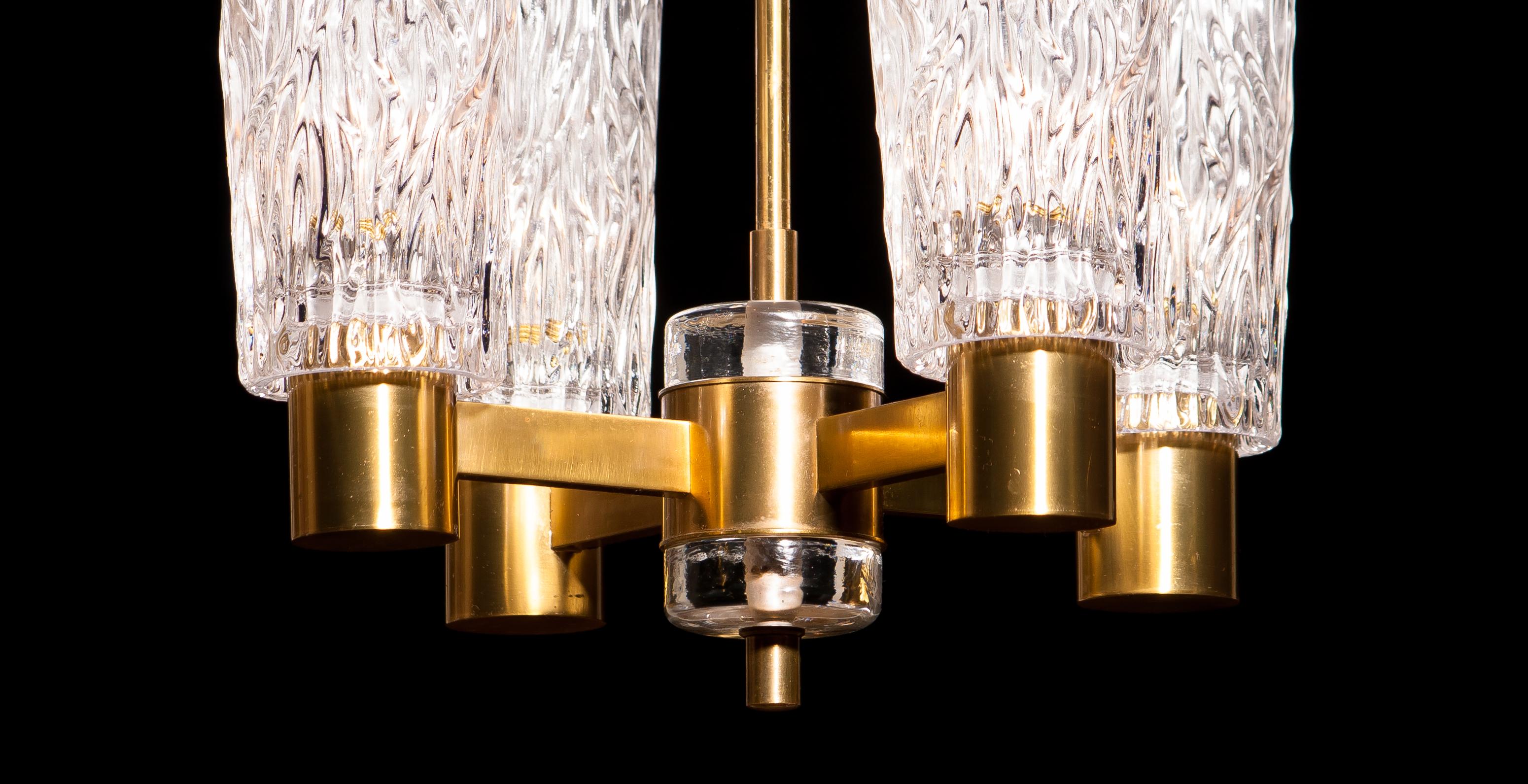 1950s, Brass and Crystal Glass Chandelier by Orrefors, Sweden In Excellent Condition In Silvolde, Gelderland