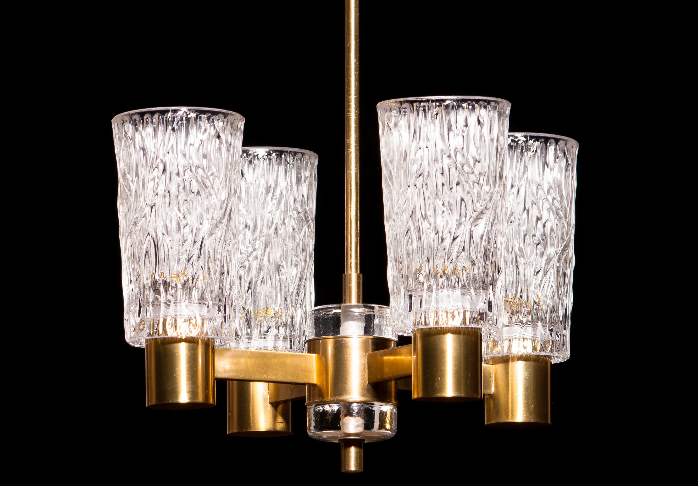 1950s, Brass and Crystal Glass Chandelier by Orrefors, Sweden 1