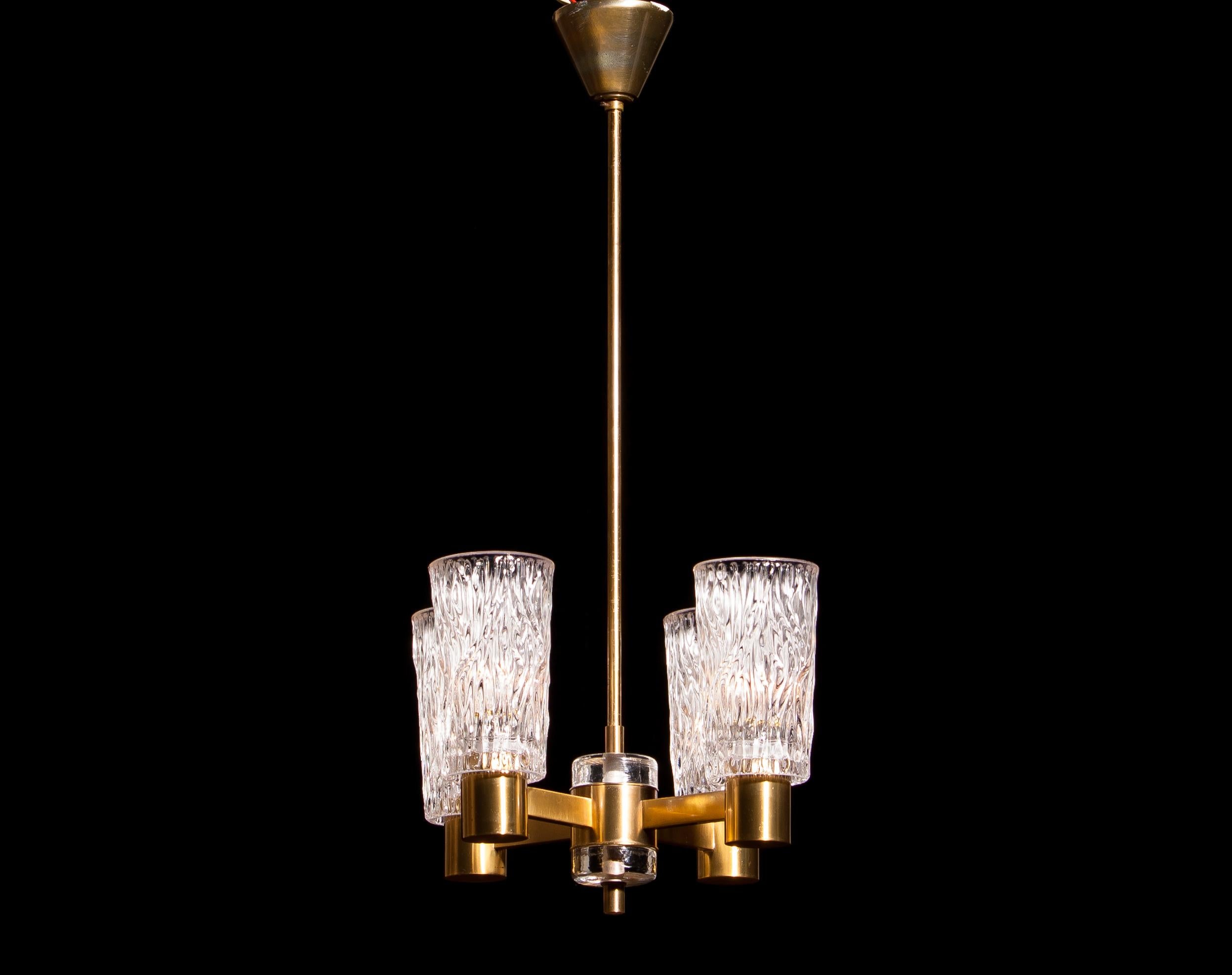 1950s, Brass and Crystal Glass Chandelier by Orrefors, Sweden 1