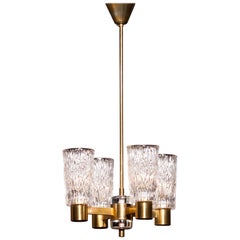 1950s, Brass and Crystal Glass Chandelier by Orrefors, Sweden