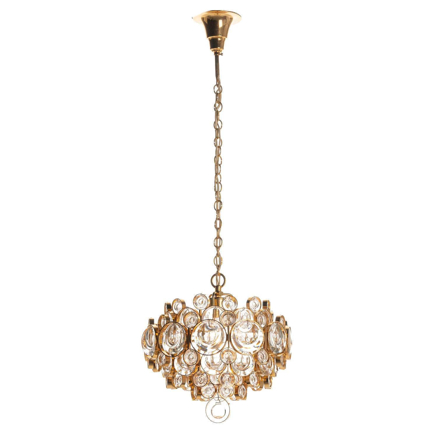 1950's Brass and Crystal Glass Chandelier by Palwa For Sale