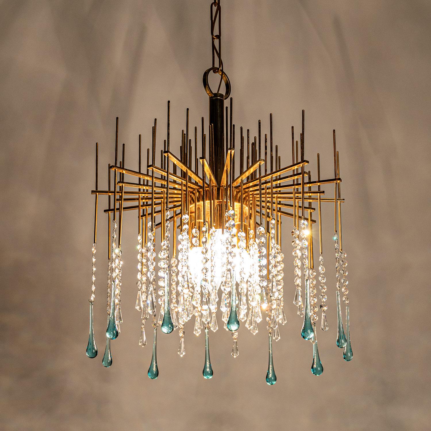 1950's Brass and Crystal Glass Chandelier For Sale 3