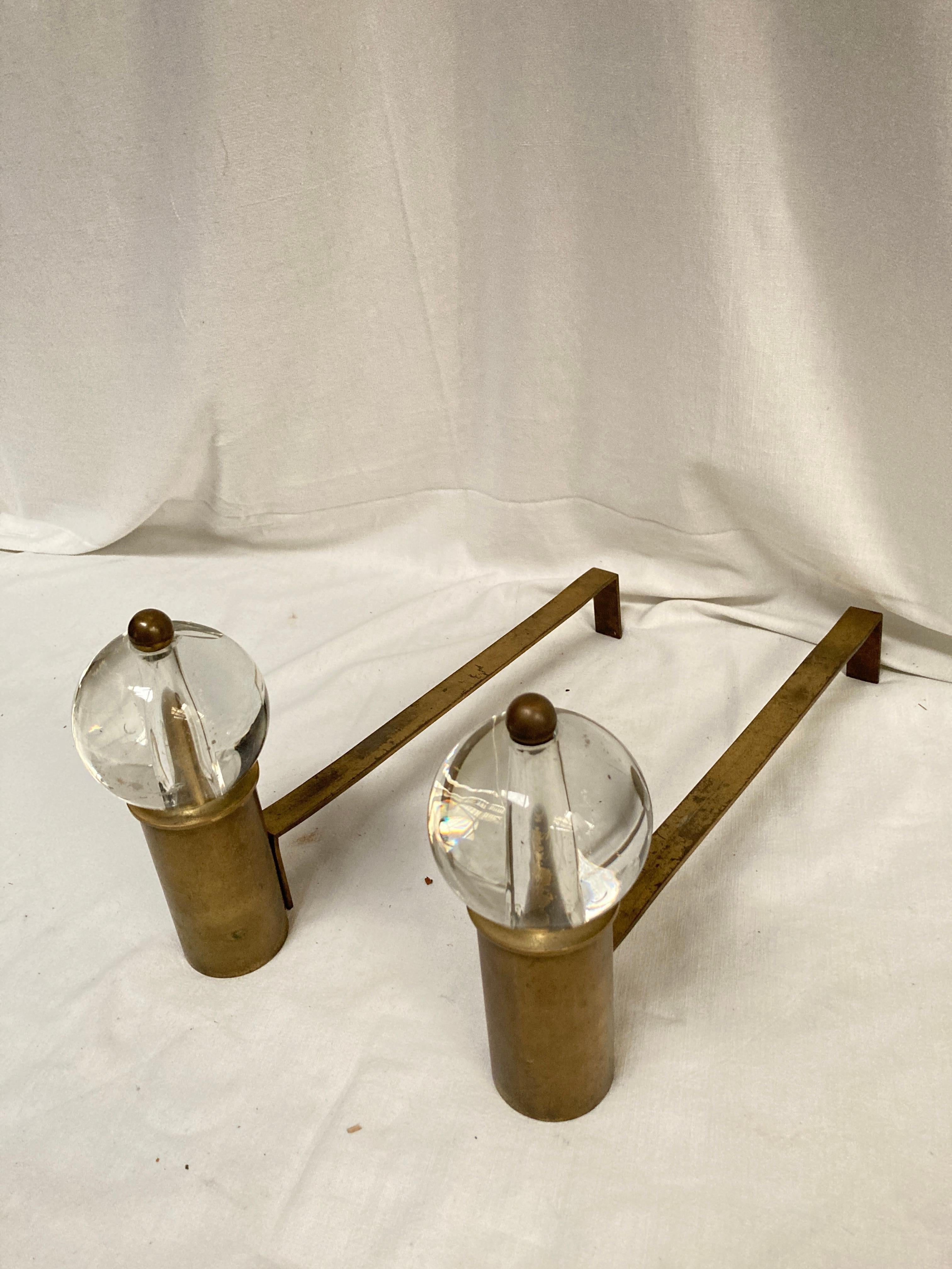 Mid-20th Century 1950's Brass and glass andirons in the style of Jacques Adnet For Sale