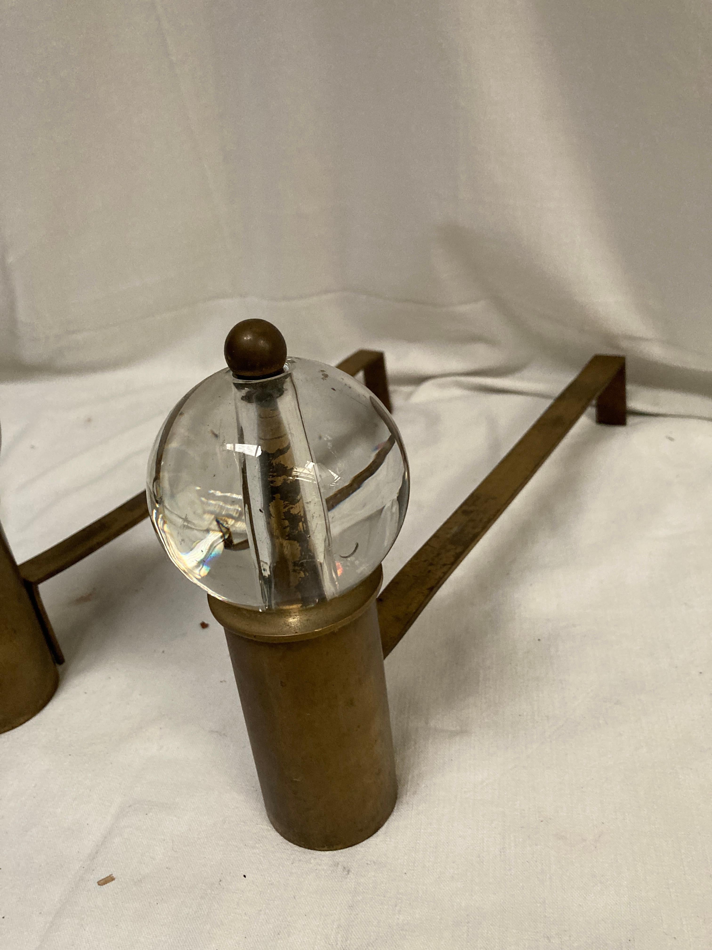 1950's Brass and glass andirons in the style of Jacques Adnet For Sale 1
