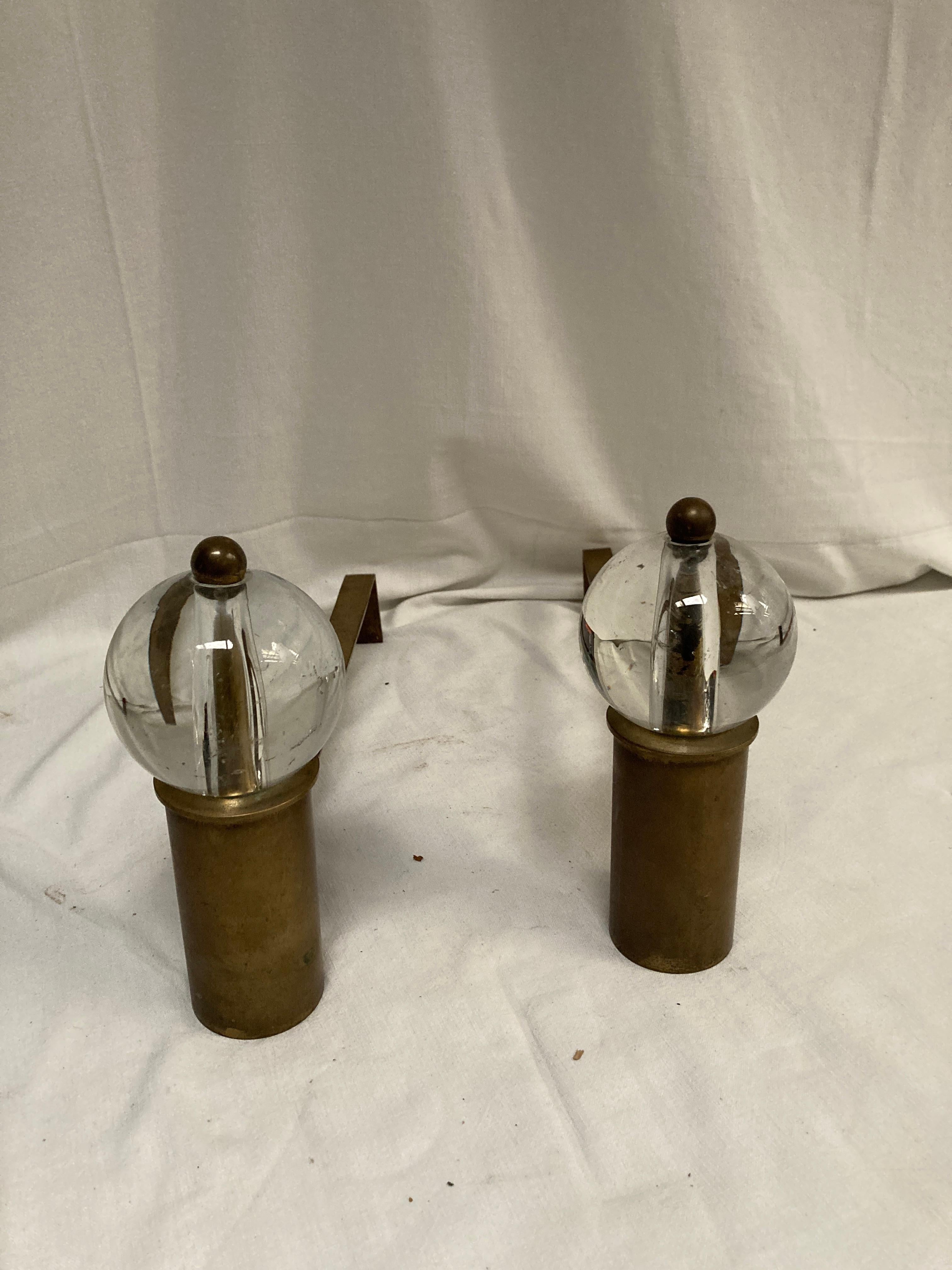1950's Brass and glass andirons in the style of Jacques Adnet For Sale 4