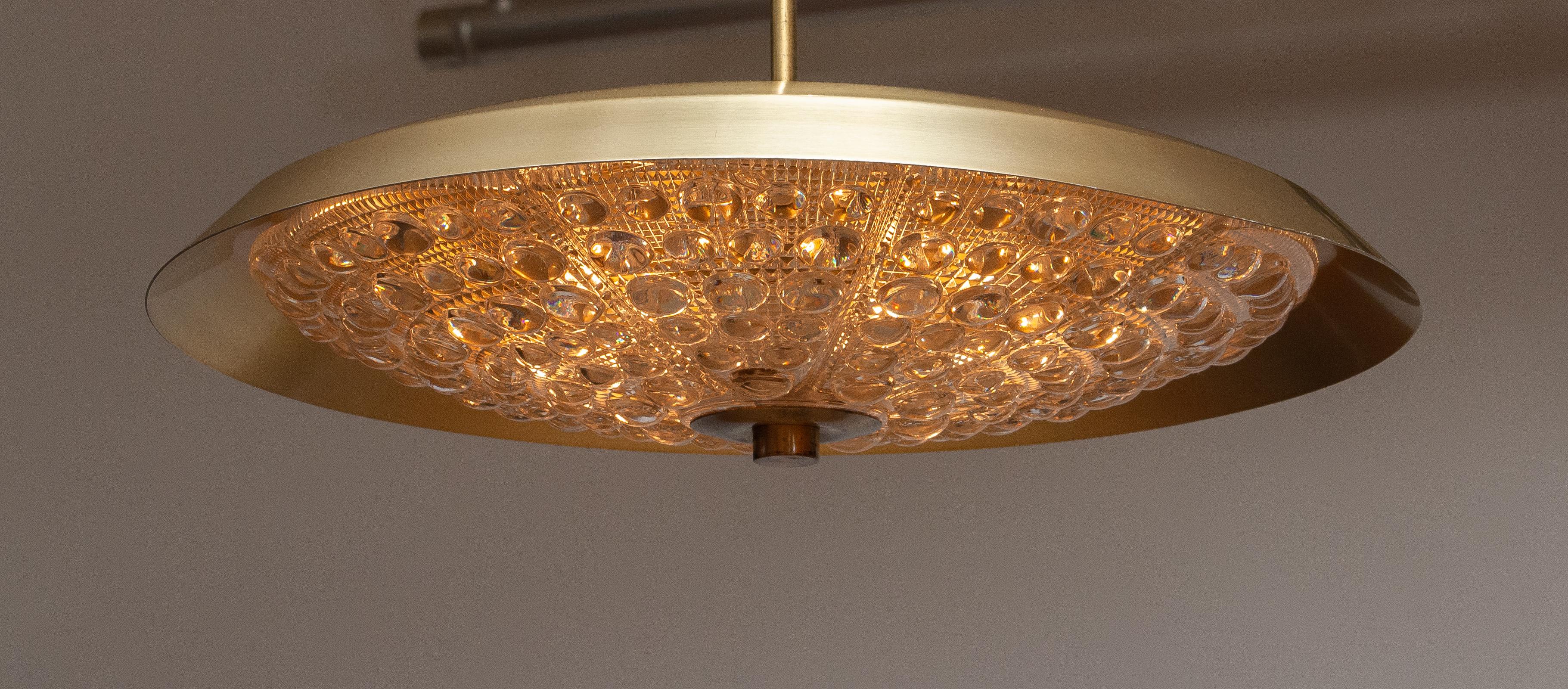 Mid-Century Modern 1950s, Brass and Glass Ceiling Lamp Designed by Carl Fagerlund for Orrefors