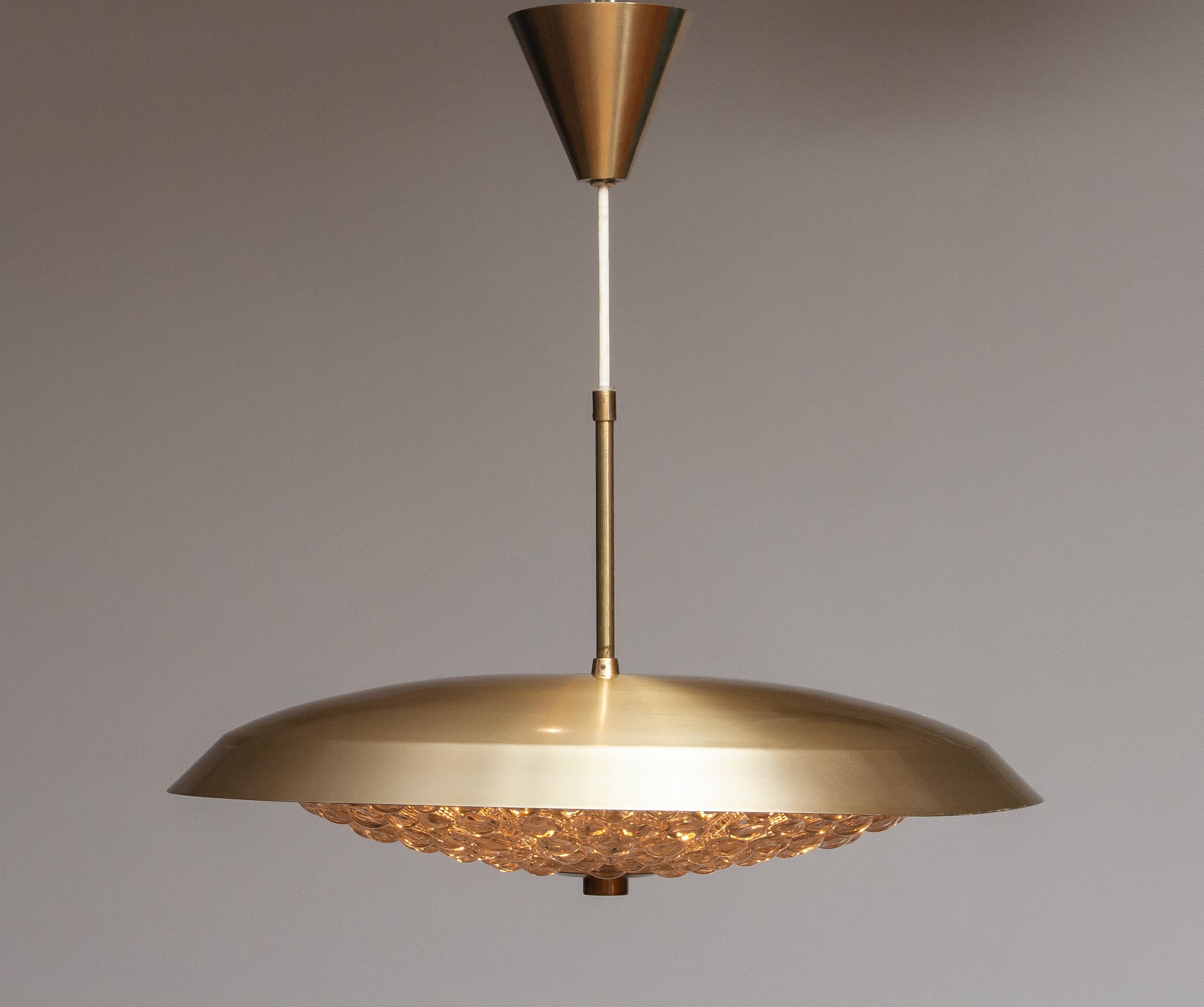 Swedish 1950s, Brass and Glass Ceiling Lamp Designed by Carl Fagerlund for Orrefors