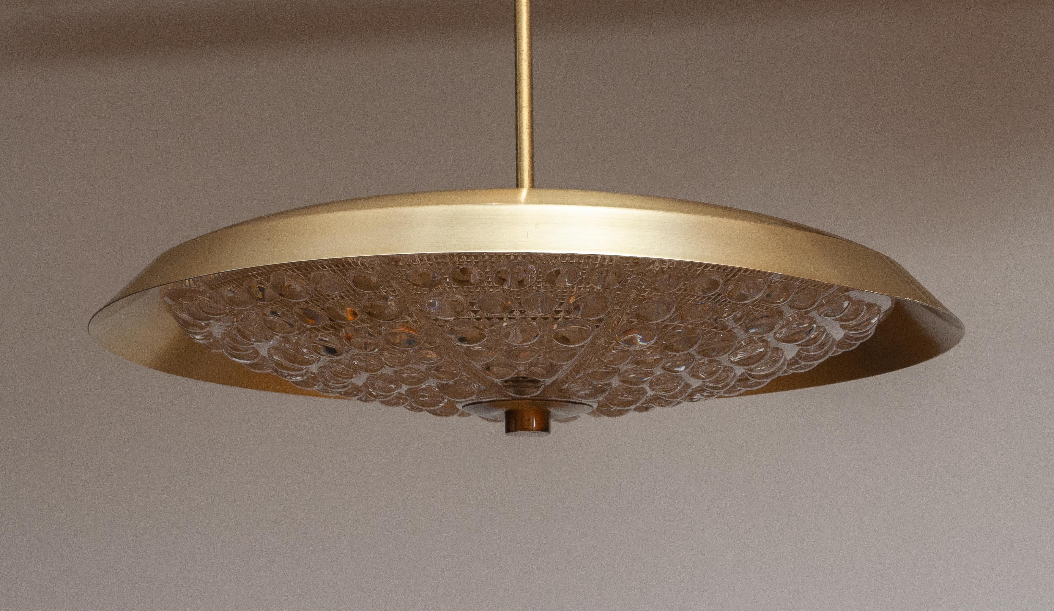 Swedish 1950s, Brass and Glass Ceiling Lamp Designed by Carl Fagerlund for Orrefors