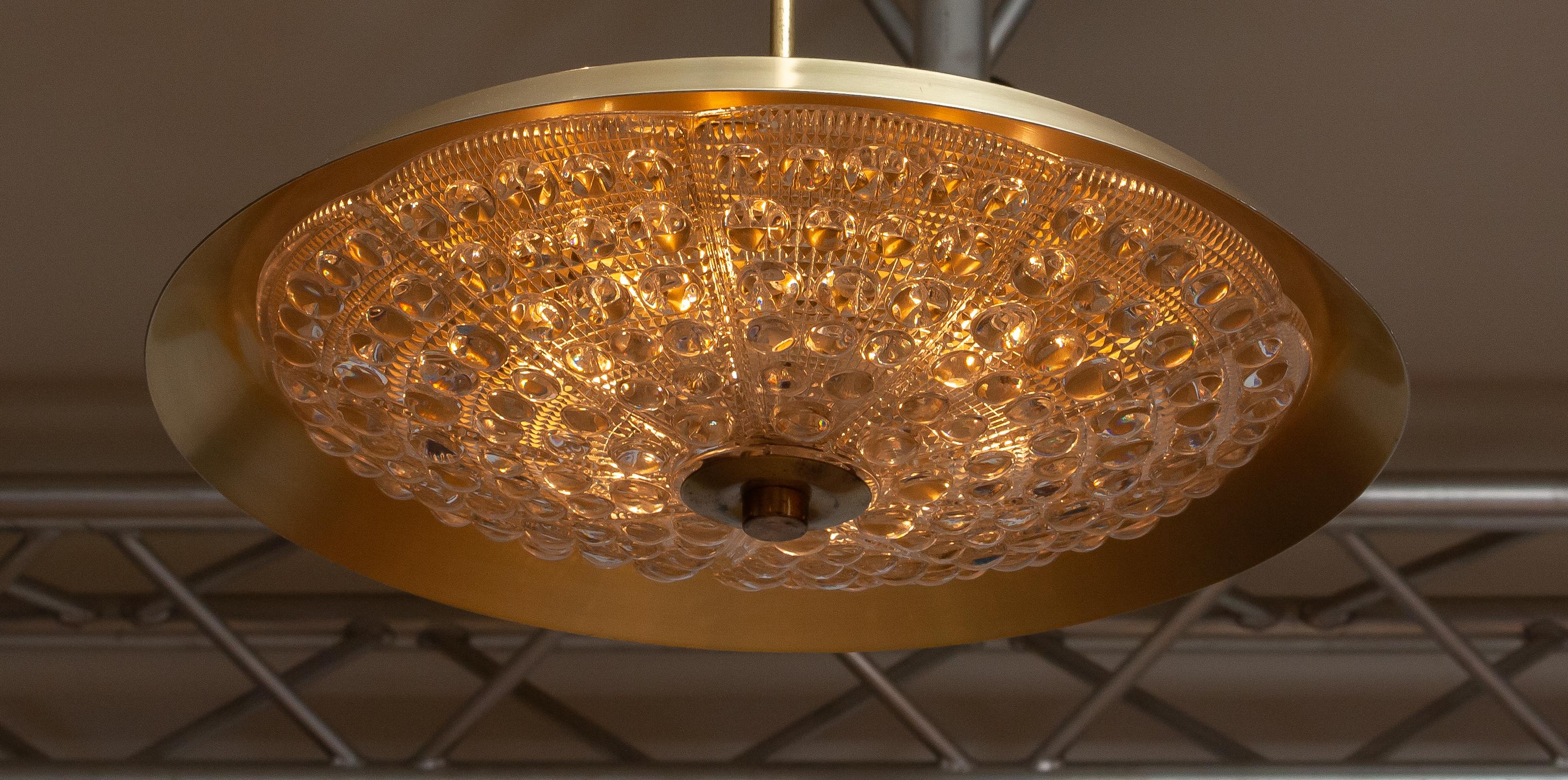 1950s, Brass and Glass Ceiling Lamp Designed by Carl Fagerlund for Orrefors In Good Condition In Silvolde, Gelderland