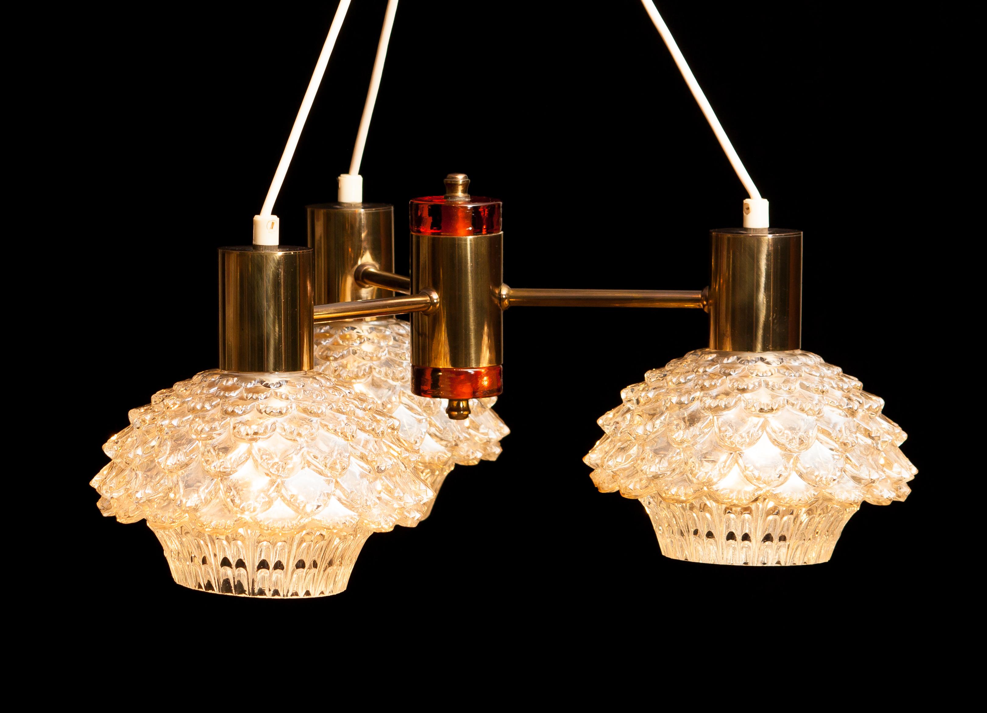 Swedish 1950s, Brass and Glass Chandelier by Carl Fagerlund for Orrefors