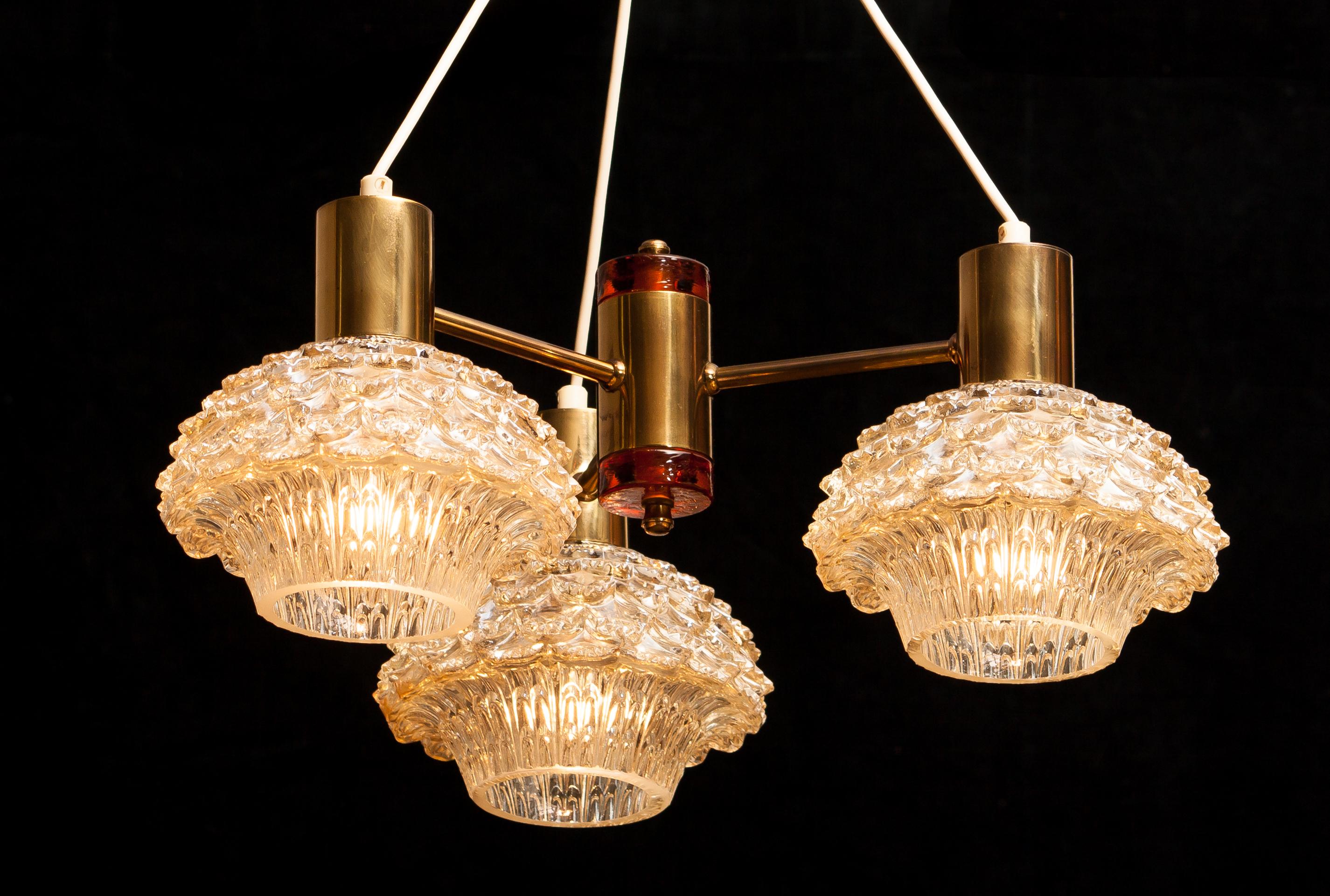 Mid-20th Century 1950s, Brass and Glass Chandelier by Carl Fagerlund for Orrefors