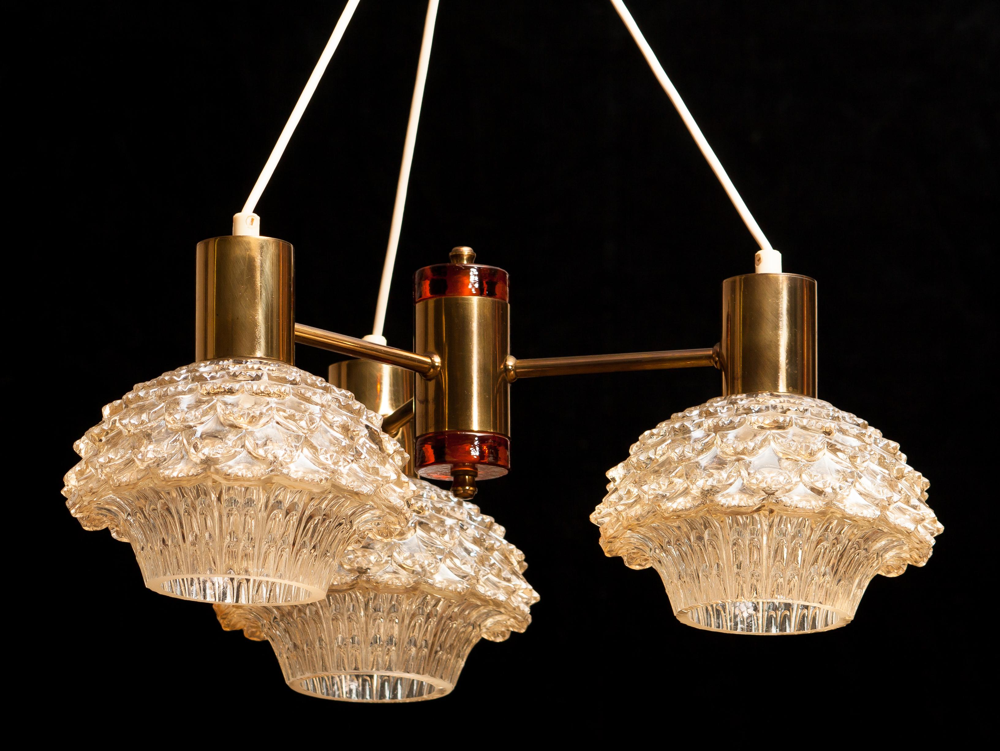 1950s, Brass and Glass Chandelier by Carl Fagerlund for Orrefors 1