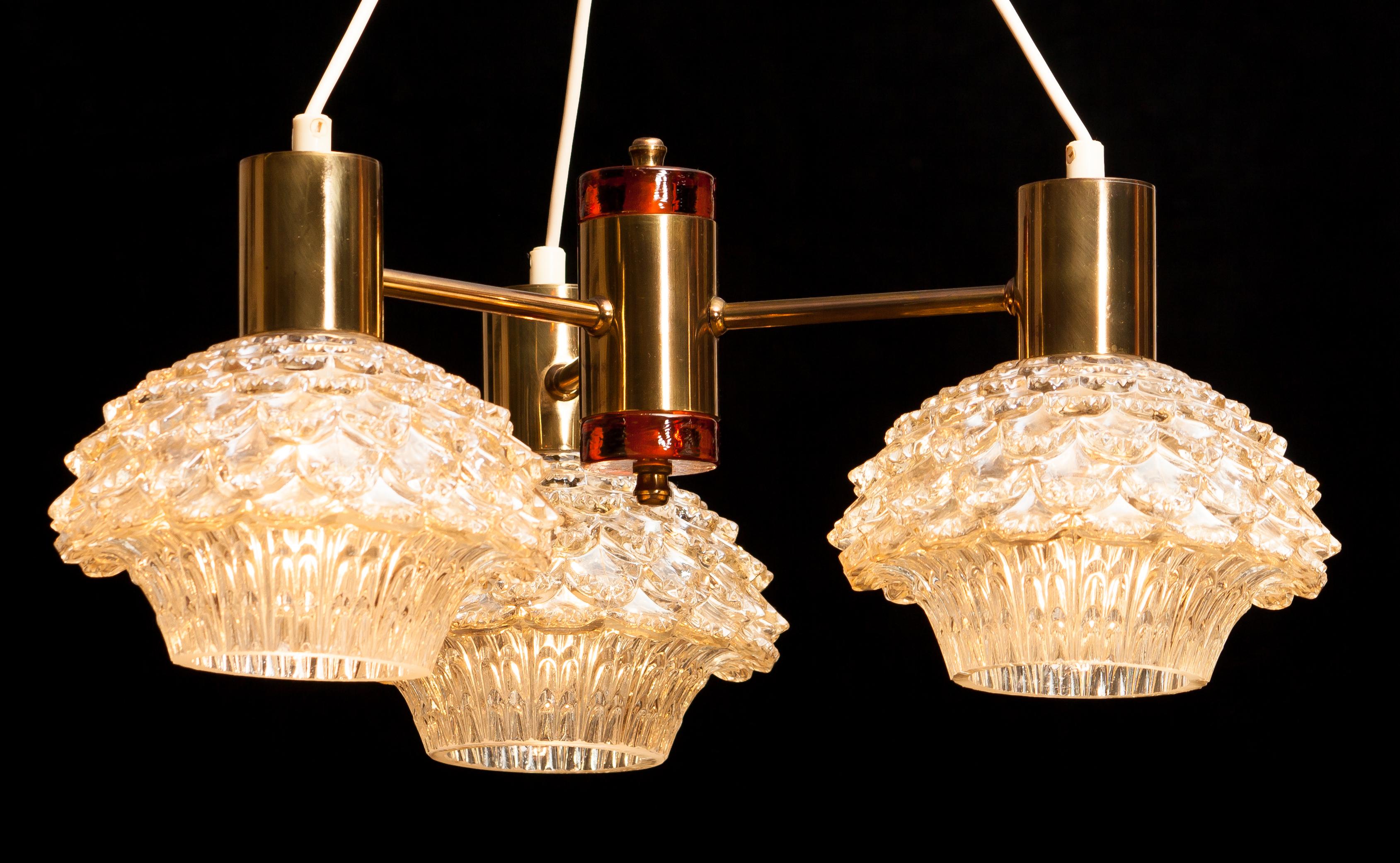 1950s, Brass and Glass Chandelier by Carl Fagerlund for Orrefors 3