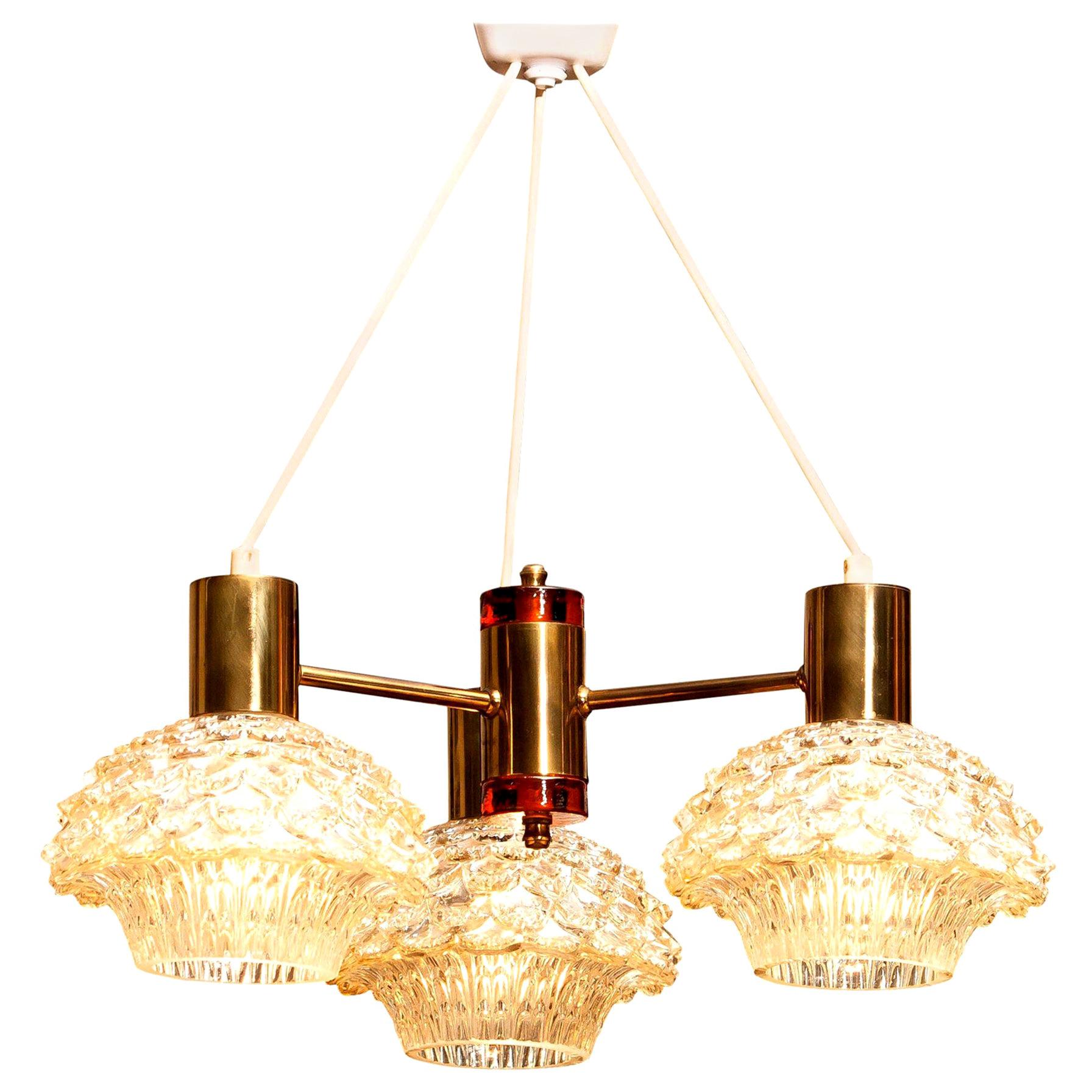 1950s, Brass and Glass Chandelier by Carl Fagerlund for Orrefors