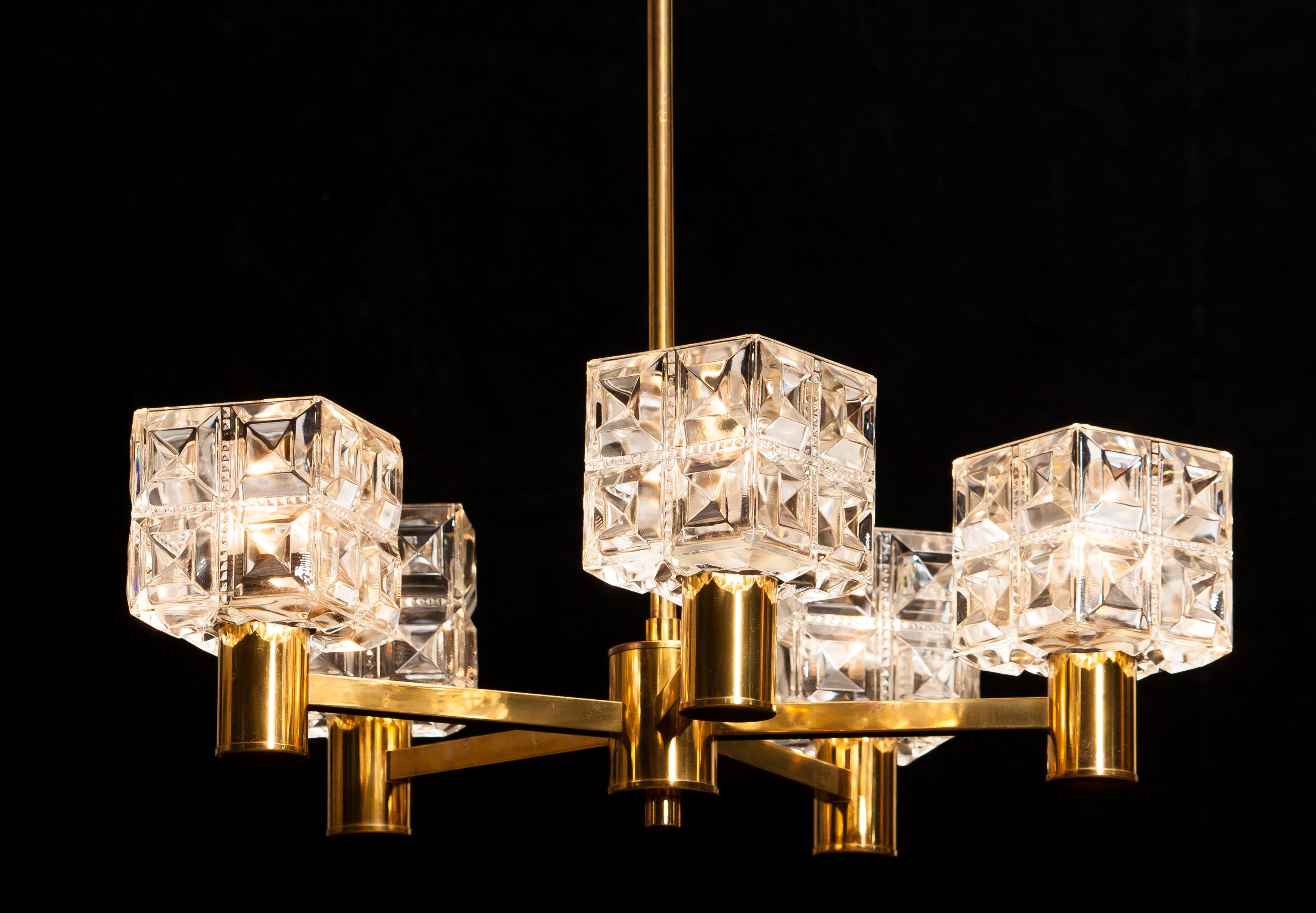 1950s, Brass and Glass Chandelier by Tyringe Konsthantverk, Sweden 5