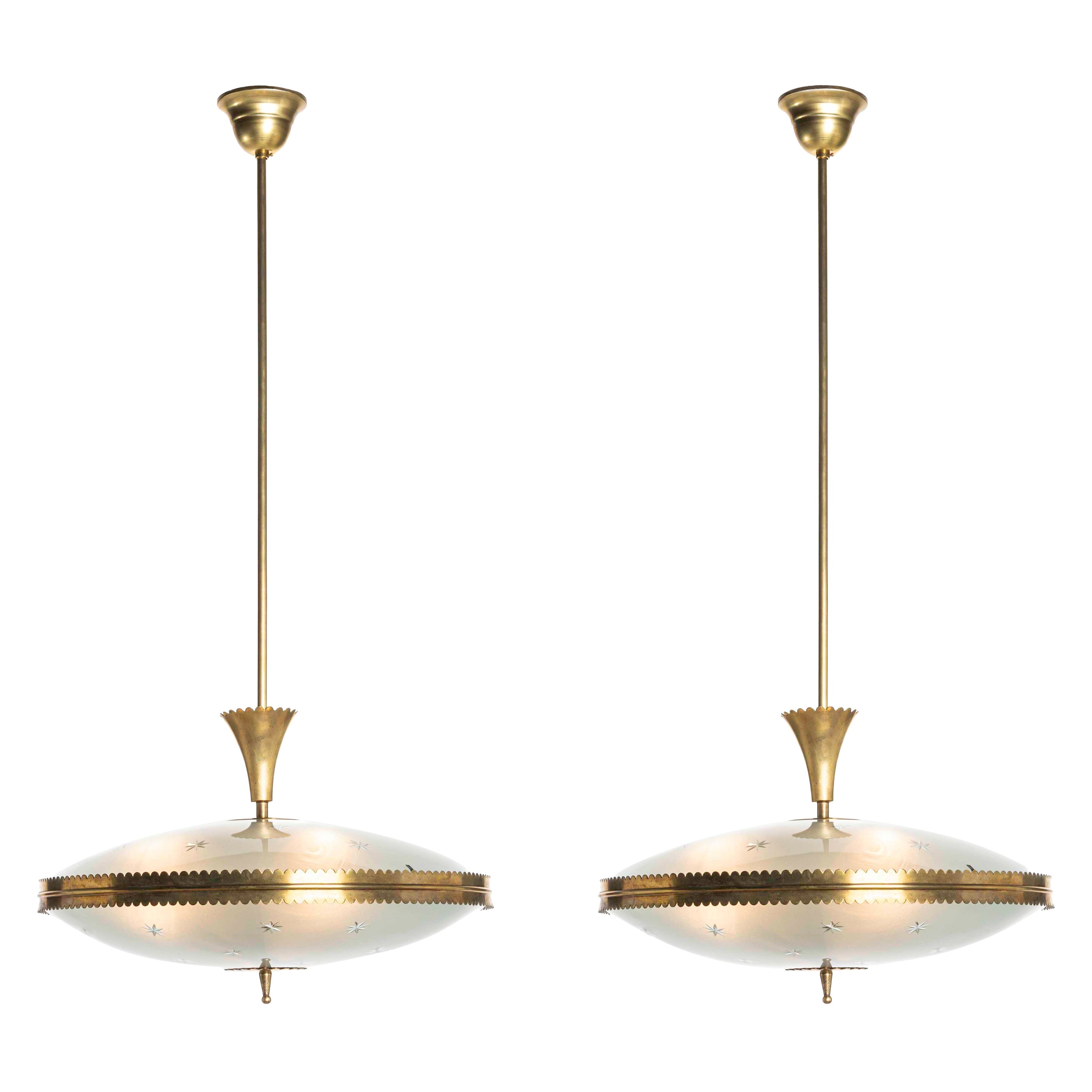 1950's Brass and Glass Pendant Attributed to Pietro Chiesa For Sale