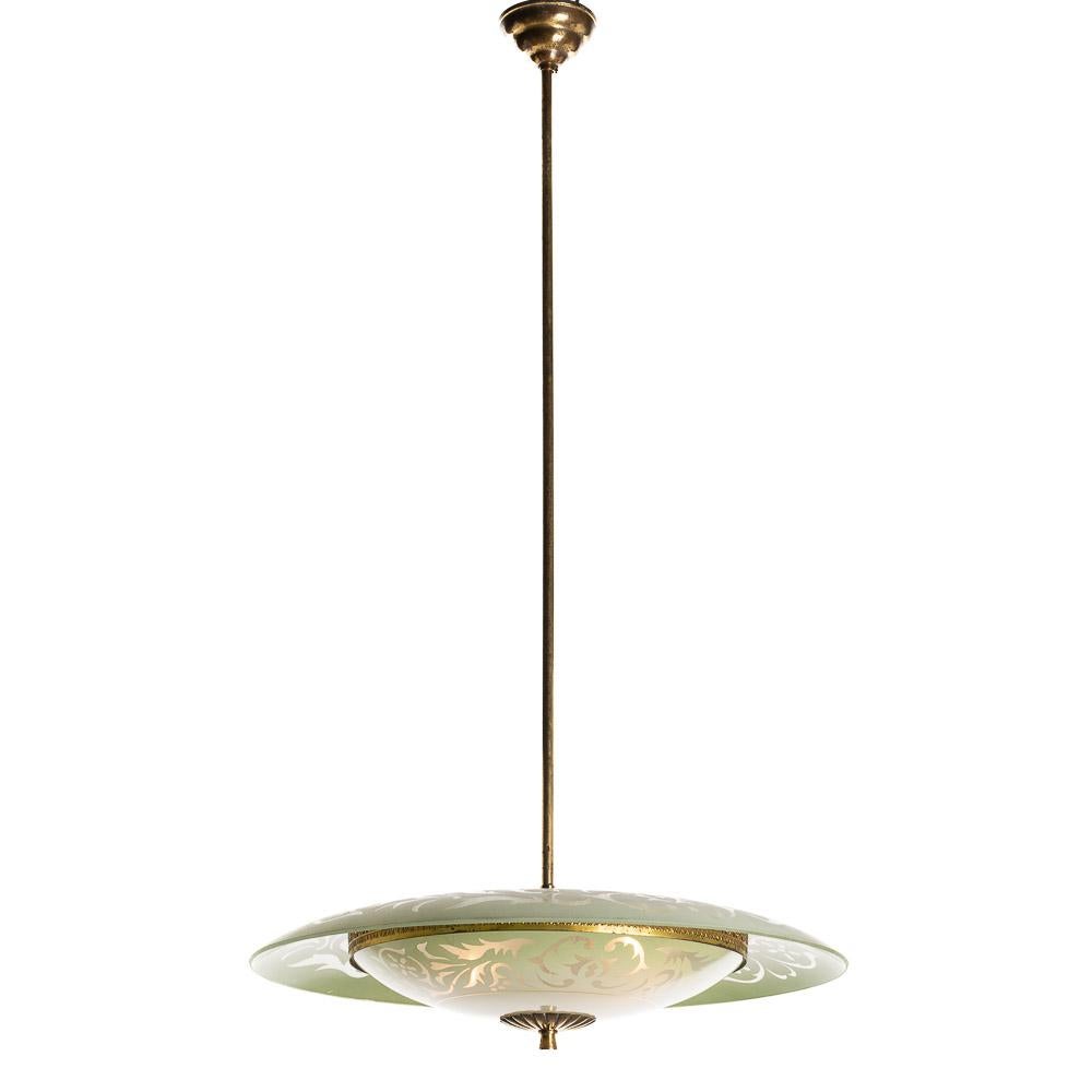 Italian 1950s Brass and Glass Pendant in Style of Pietro Chiesa For Sale