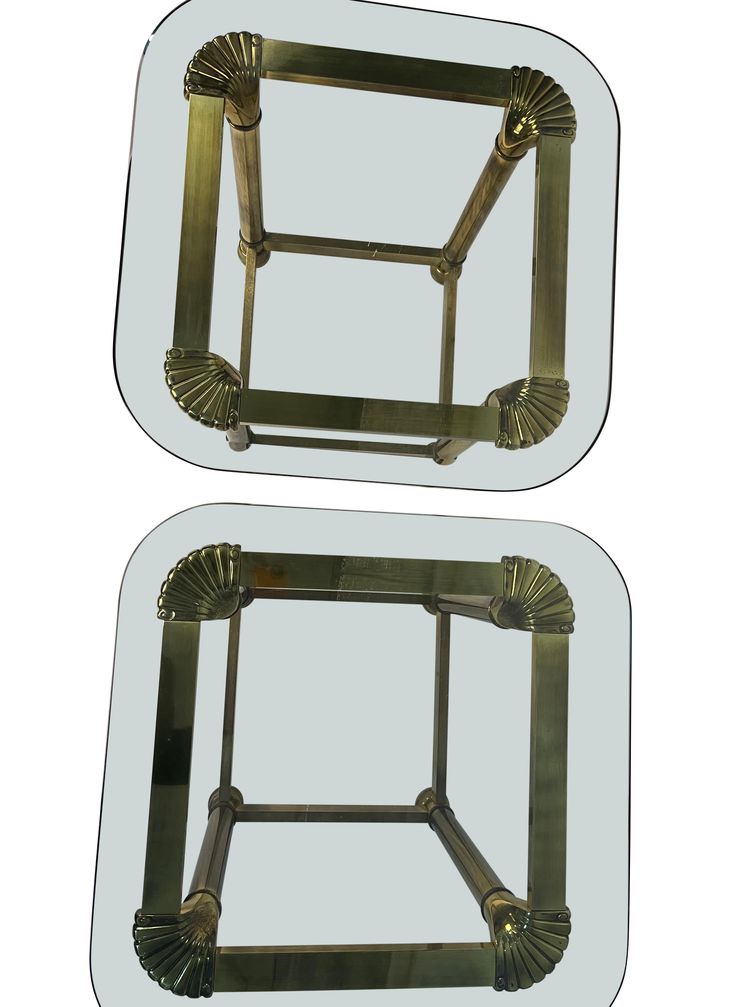 1950's Brass and Glass Side Tables with Shell Decoration  In Good Condition For Sale In Essex, MA