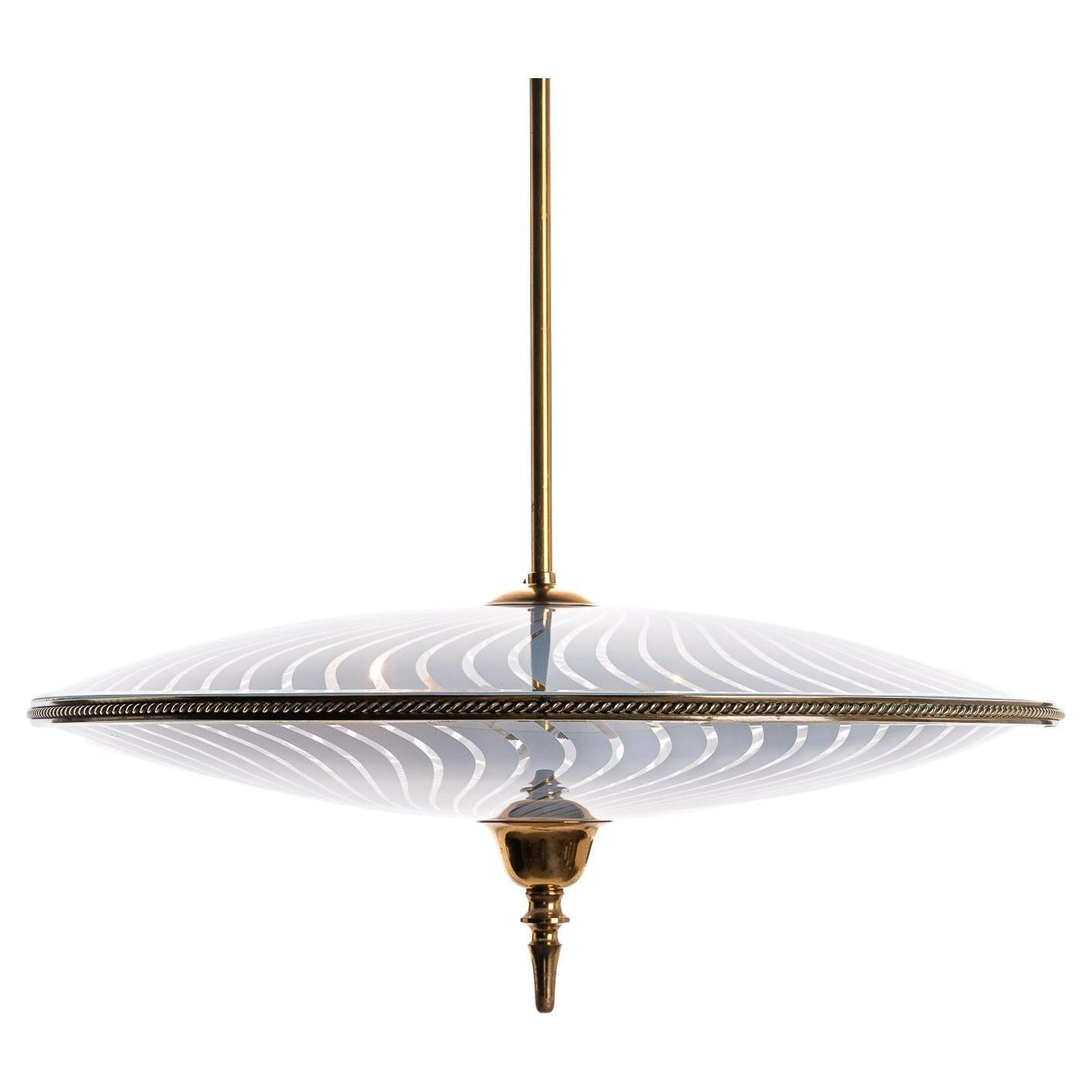 1950's Brass and Glass Swirl Pendant Attributed to Luigi Brusotti For Sale