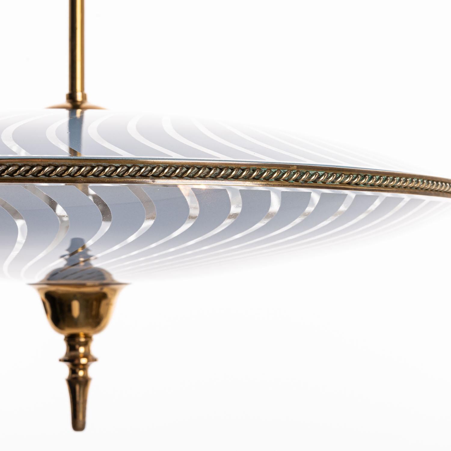 Italian 1950's Brass and Glass Swirl Pendant by Venini For Sale