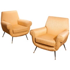 1950s, Brass and Golden Jacquard Set Lounge Chairs by Gigi Radice for Minotti