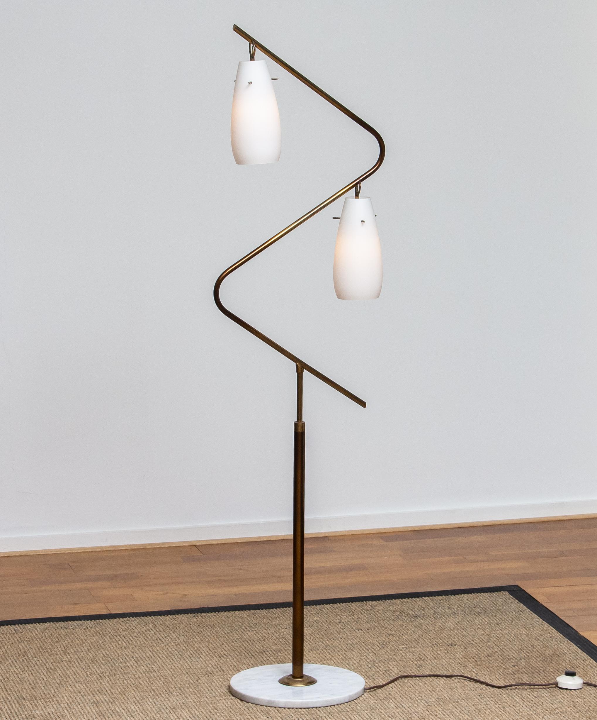 1950s, Brass and Opaline Stilnovo Floor Lamp with Two Matching Wall Lights 4