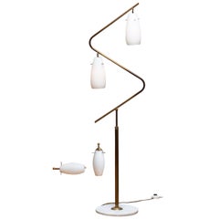 1950s, Brass and Opaline Stilnovo Floor Lamp with Two Matching Wall Lights