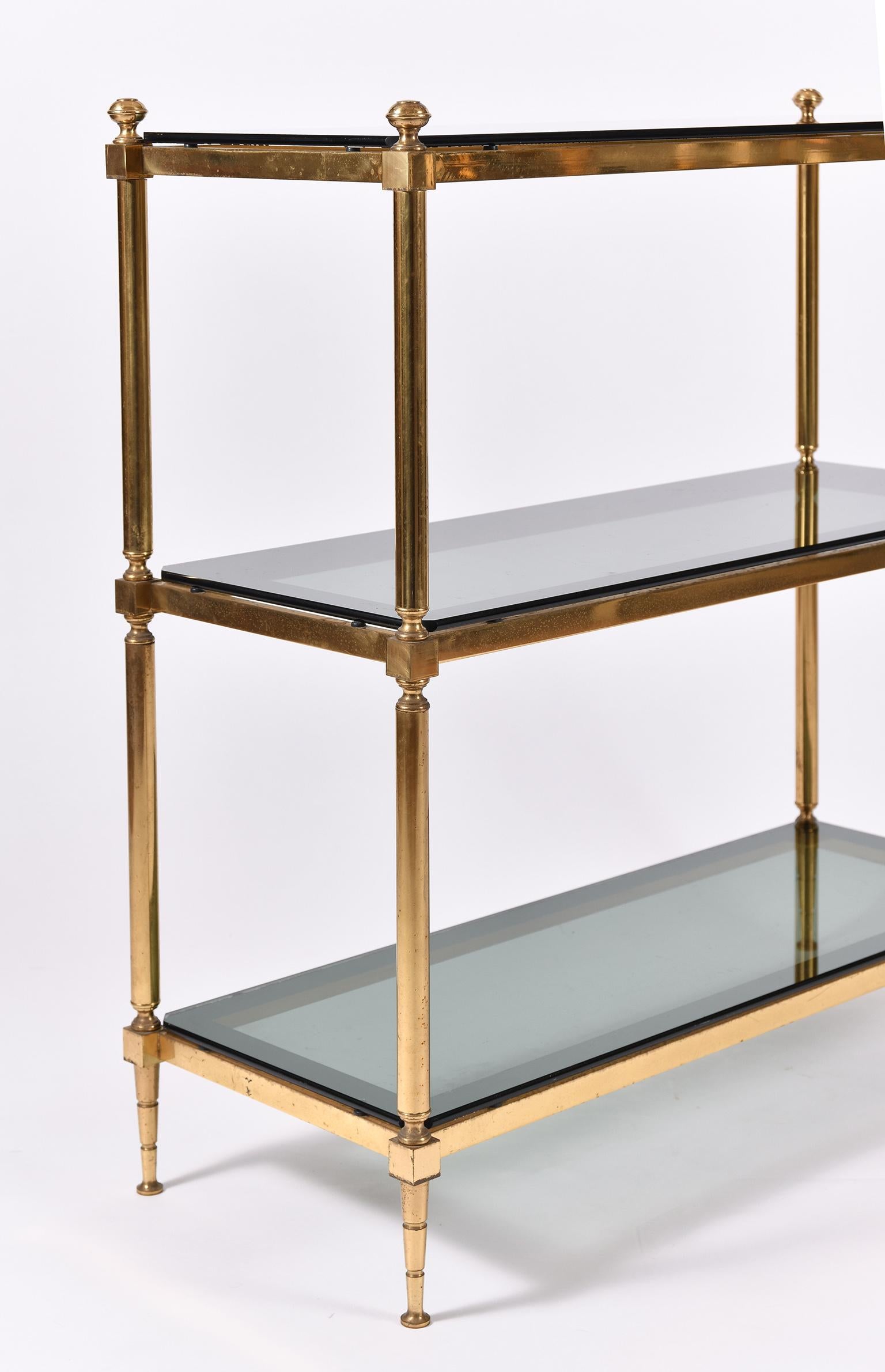 Mid-Century Modern 1950s Brass and Smoked Glass Top Console Table or Etagere
