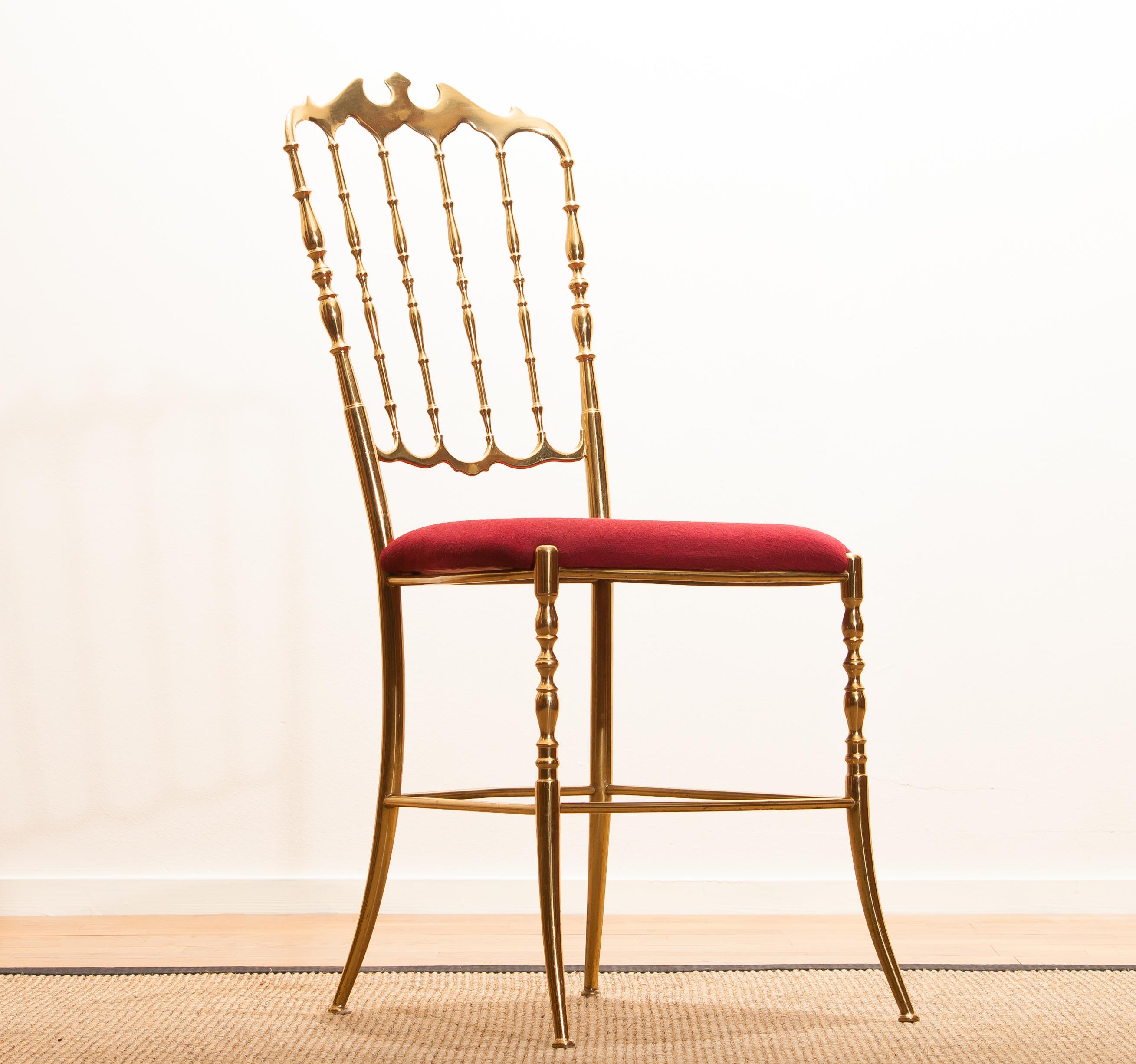 Beautiful chair made by Chiavari Italy.
This chair is made of solid brass with a red velours seating.
It is in a wonderful condition.
Period 1950s.
Dimensions: H 80 cm, W 40 cm, D 48 cm, SH 45 cm.