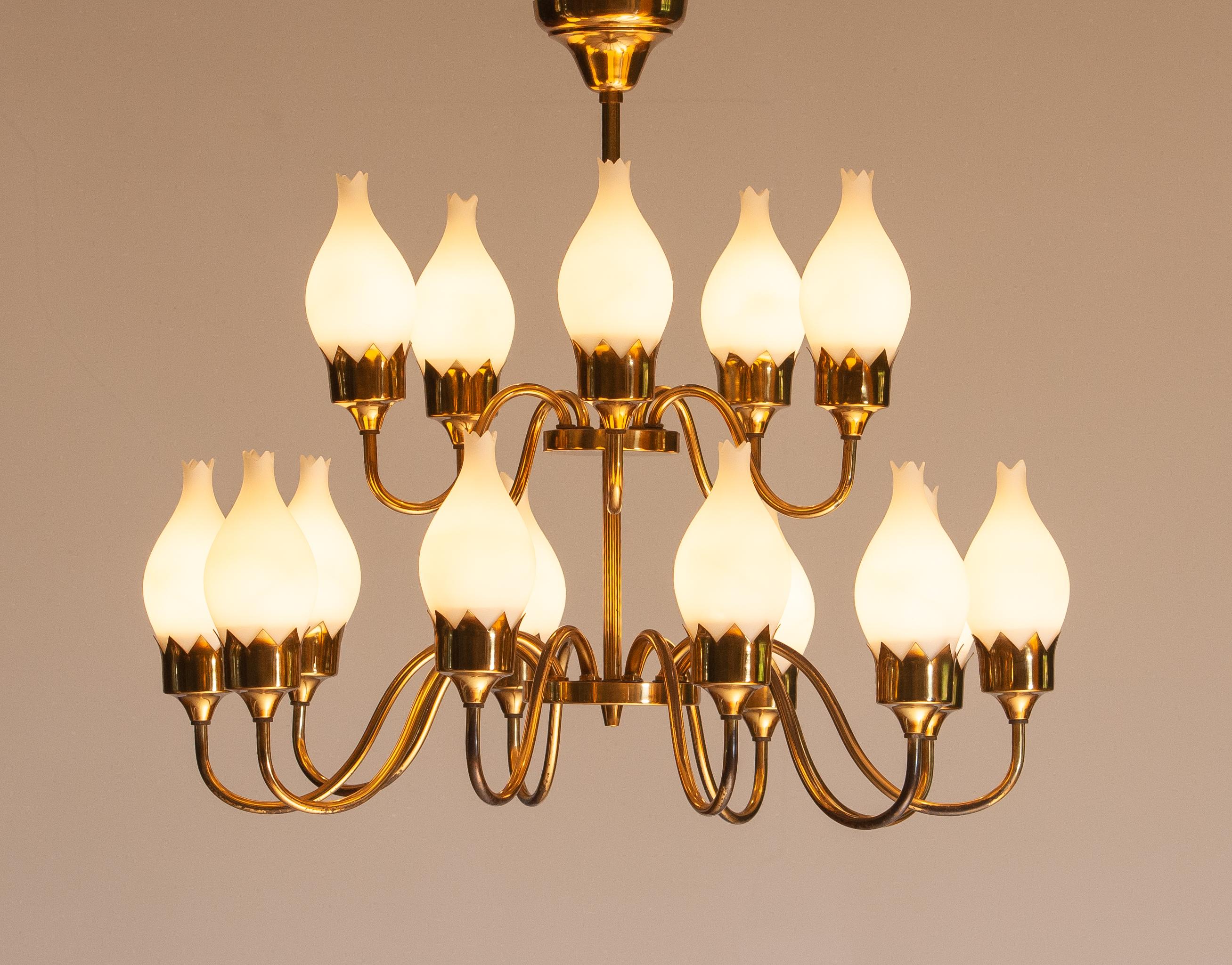 1950s, Brass and White Glass Opaline Arm Chandelier by Fog & Mørup with Tulips 4