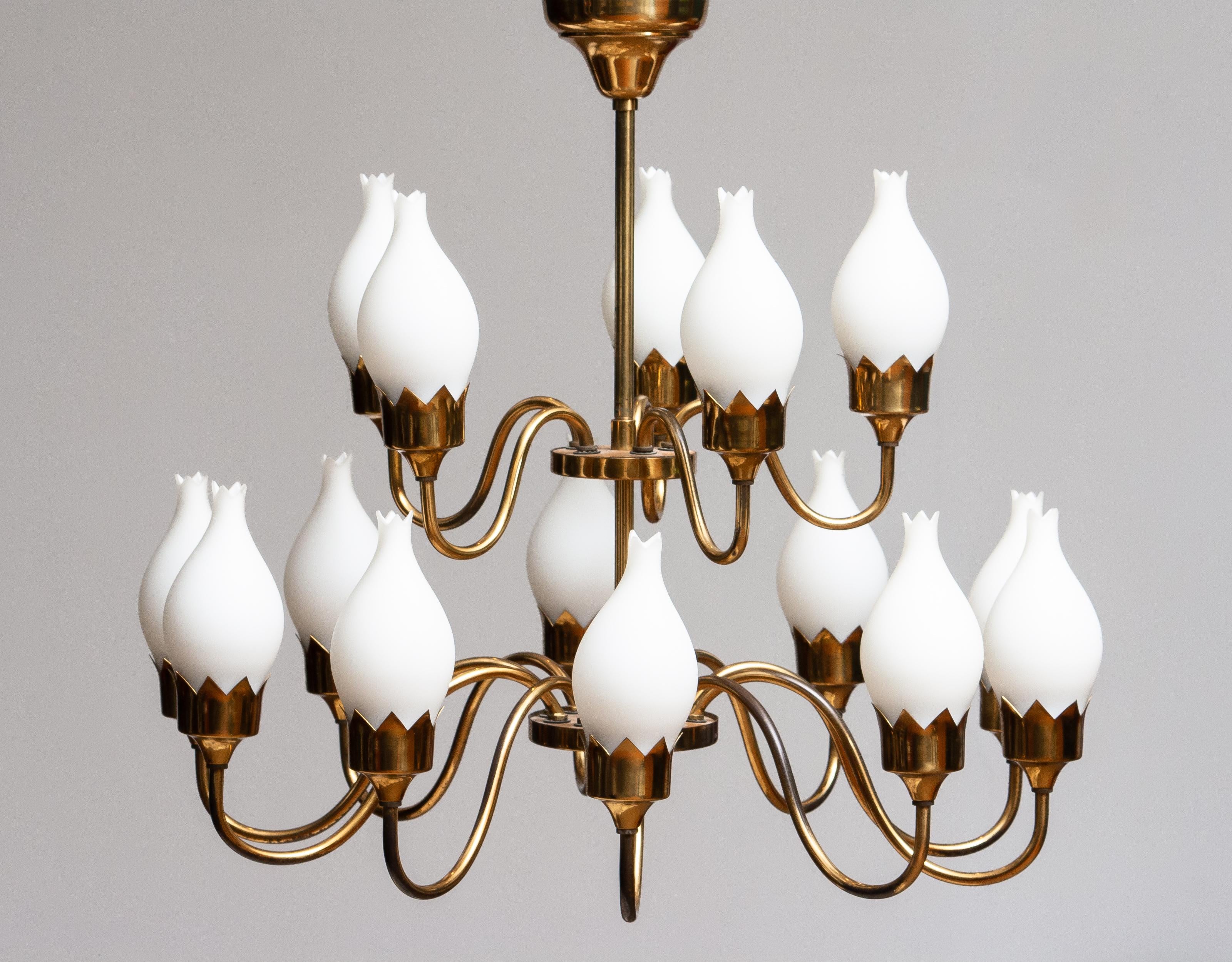 1950s, Brass and White Glass Opaline Arm Chandelier by Fog & Mørup with Tulips 4