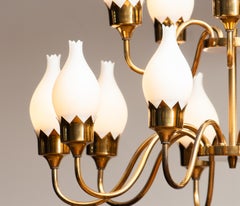 1950s, Brass and White Glass Opaline Arm Chandelier by Fog & Mørup with Tulips