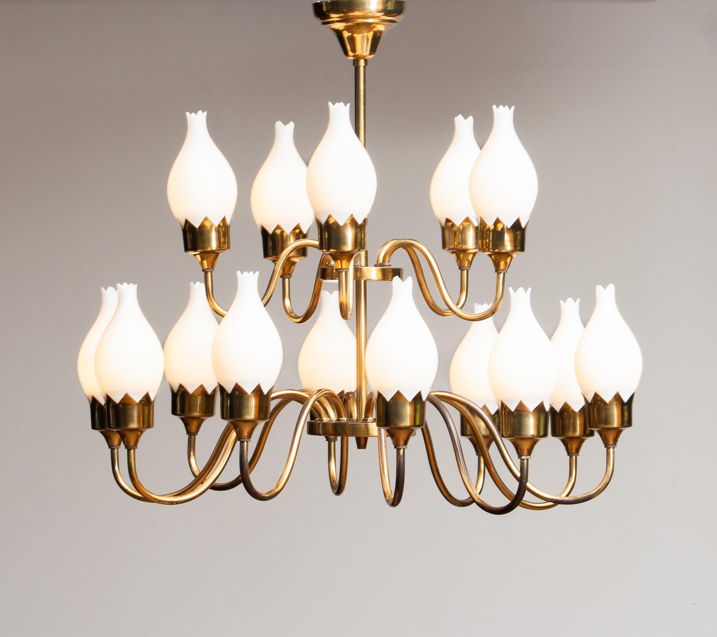 Mid-Century Modern 1950s, Brass and White Glass Opaline Arm Chandelier by Fog & Mørup with Tulips