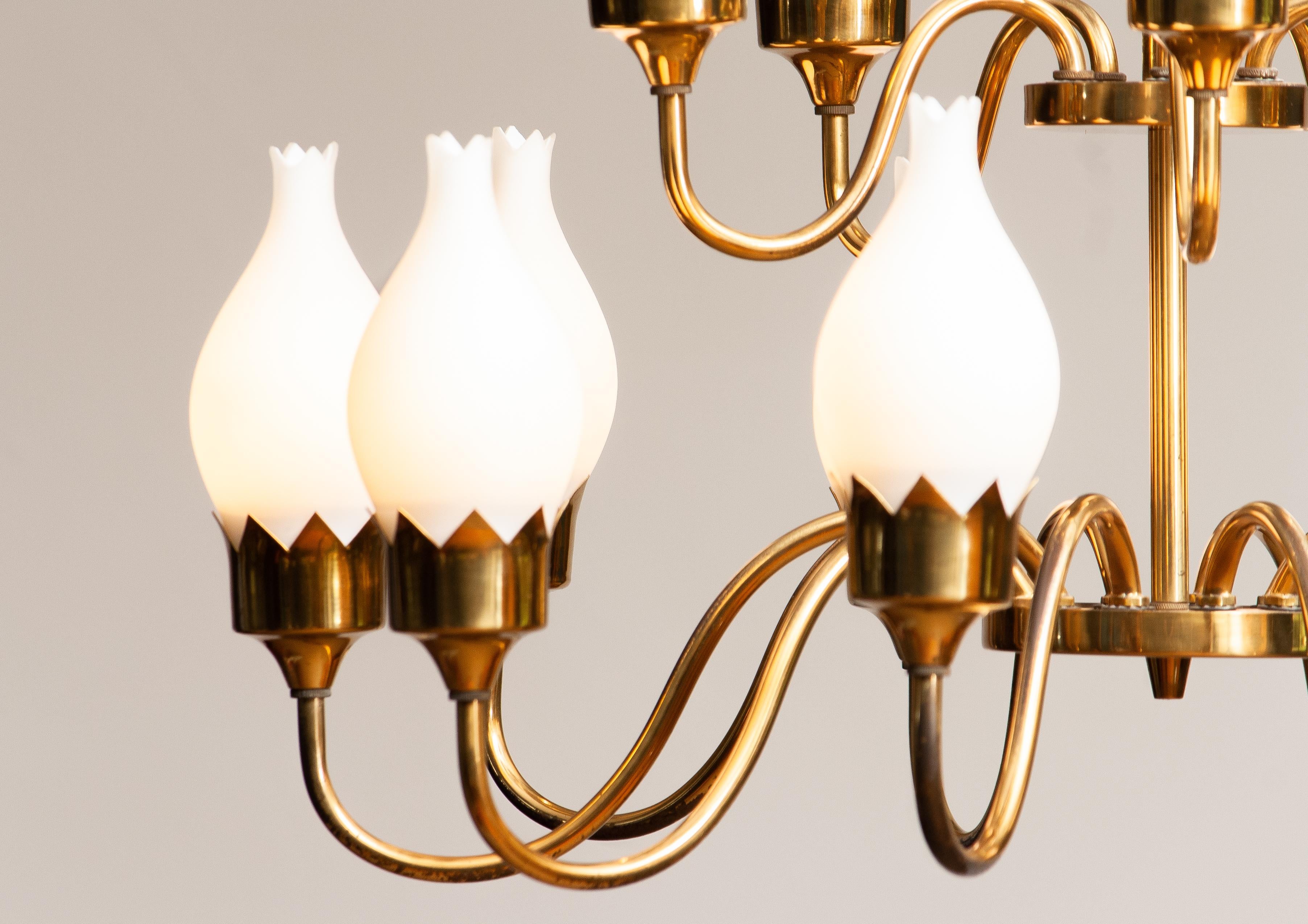 Danish 1950s, Brass and White Glass Opaline Arm Chandelier by Fog & Mørup with Tulips