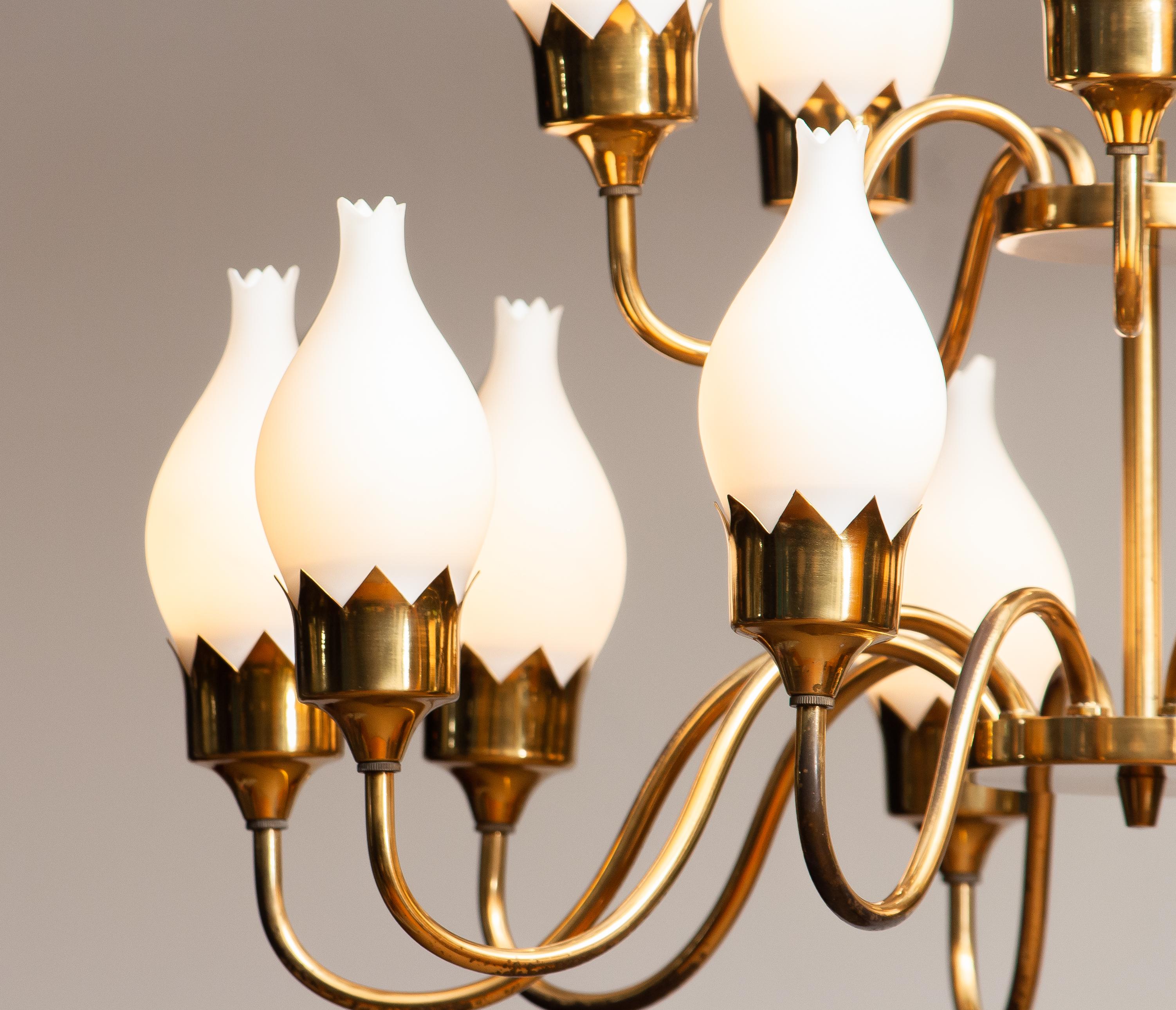 1950s, Brass and White Glass Opaline Arm Chandelier by Fog & Mørup with Tulips In Good Condition In Silvolde, Gelderland